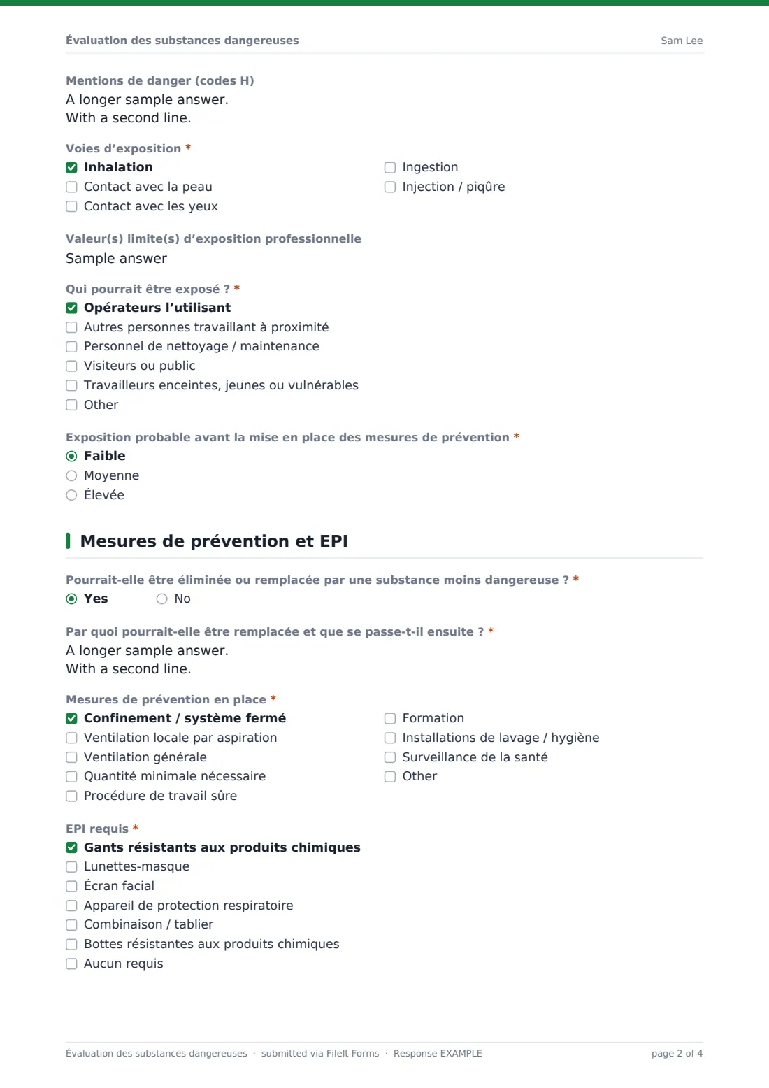 Évaluation des substances dangereuses — exemple de réponse au format PDF, page 2 sur 4