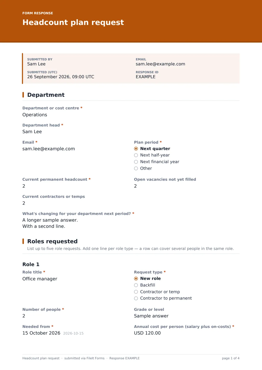 Headcount plan request — example response PDF, page 1 of 4