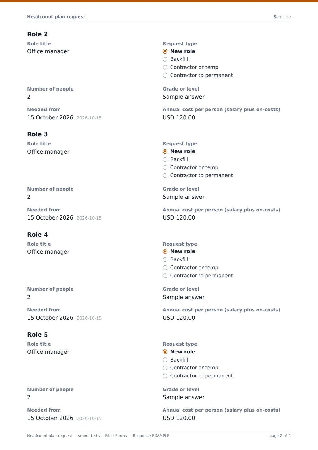 Headcount plan request — example response PDF, page 2 of 4