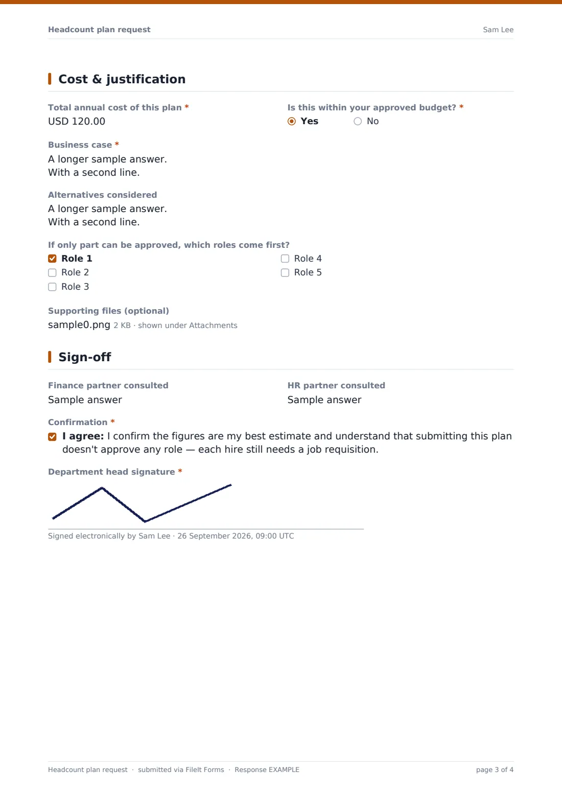 Headcount plan request — example response PDF, page 3 of 4