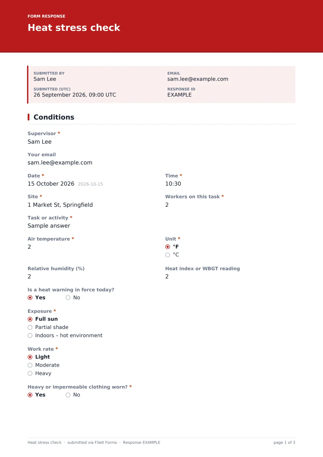Heat stress check — example response PDF, page 1 of 3