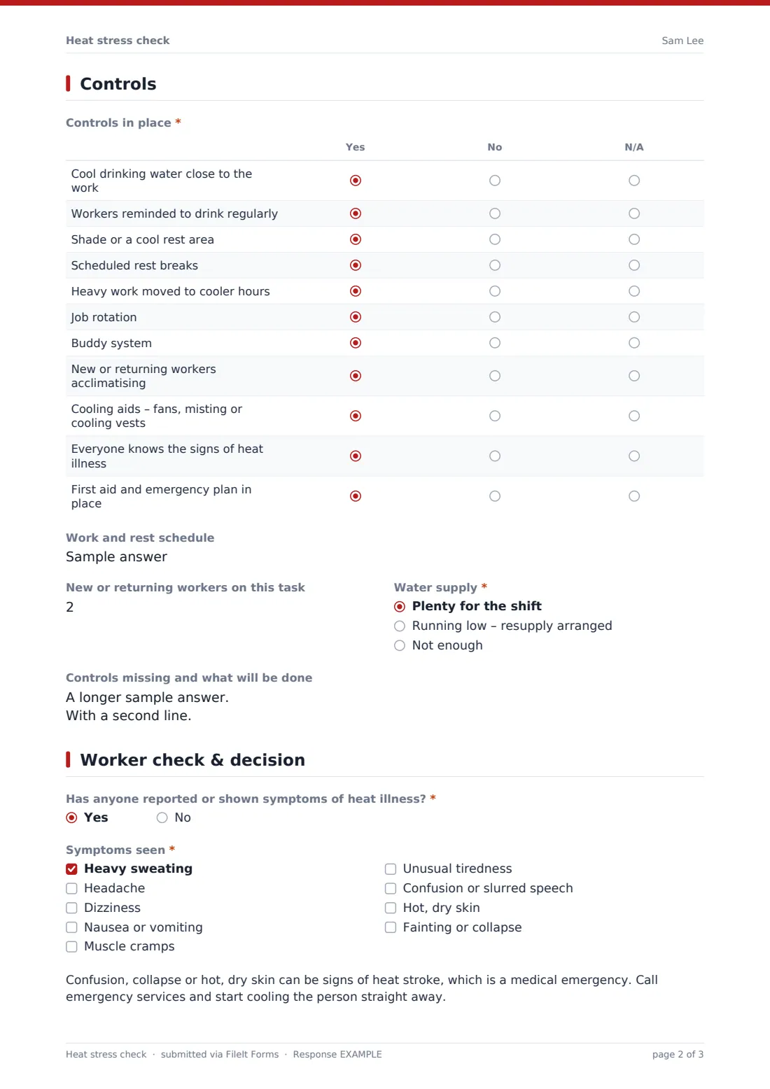 Heat stress check — example response PDF, page 2 of 3
