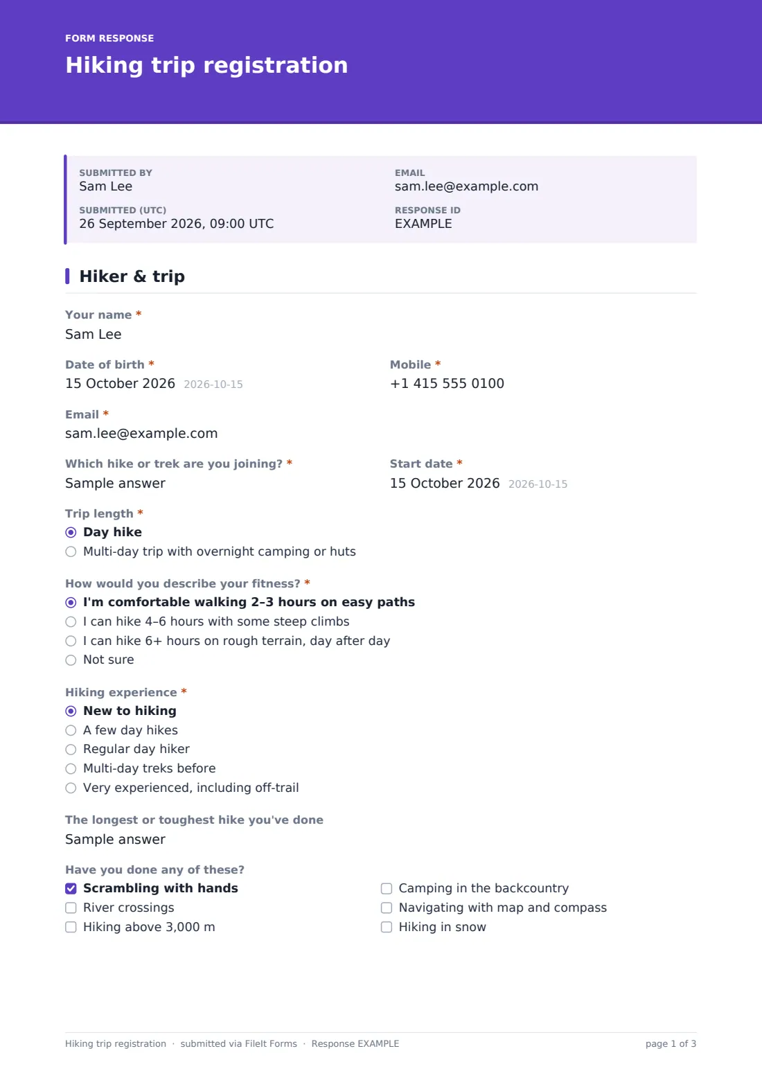 Hiking trip registration — example response PDF, page 1 of 3