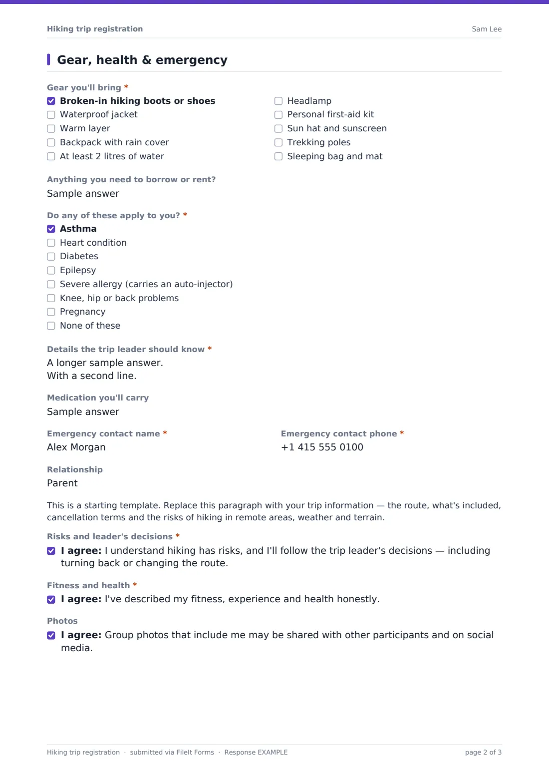 Hiking trip registration — example response PDF, page 2 of 3