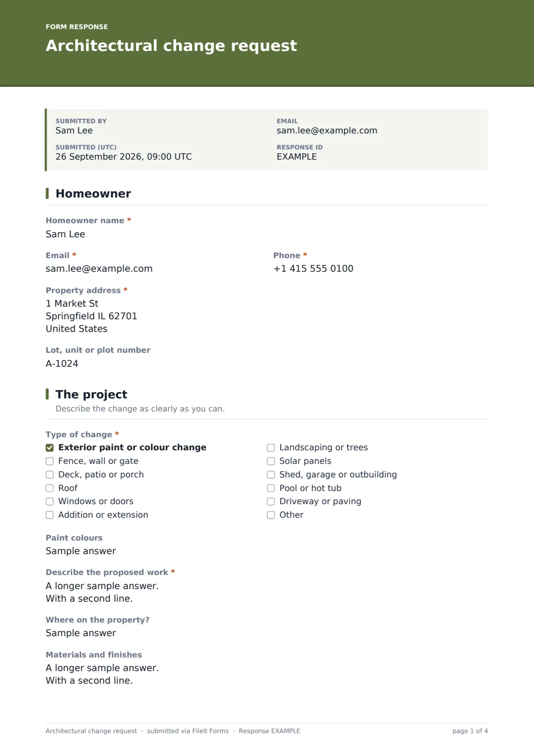 Architectural change request — example response PDF, page 1 of 4