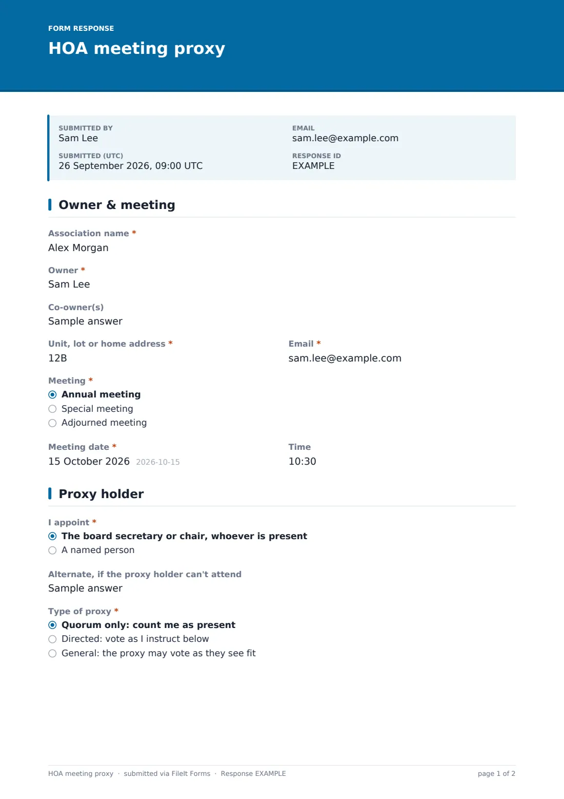 HOA meeting proxy — example response PDF, page 1 of 2