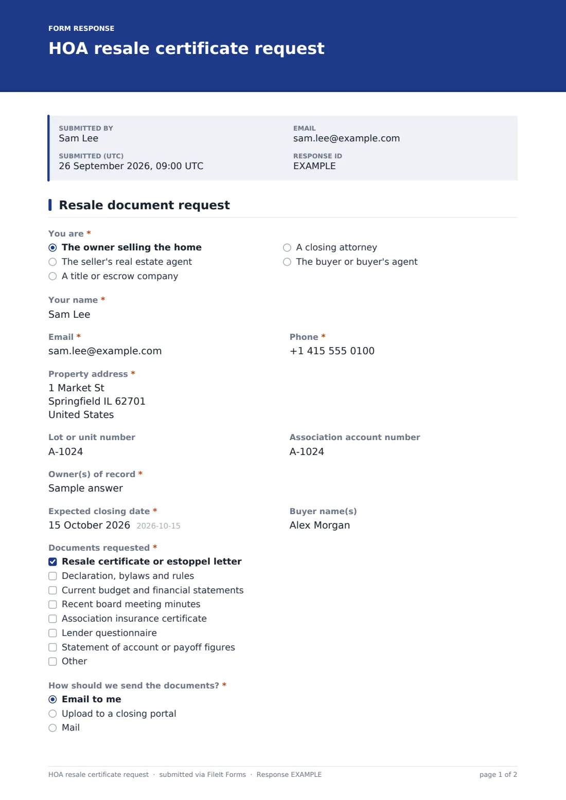 HOA resale certificate request — example response PDF, page 1 of 2