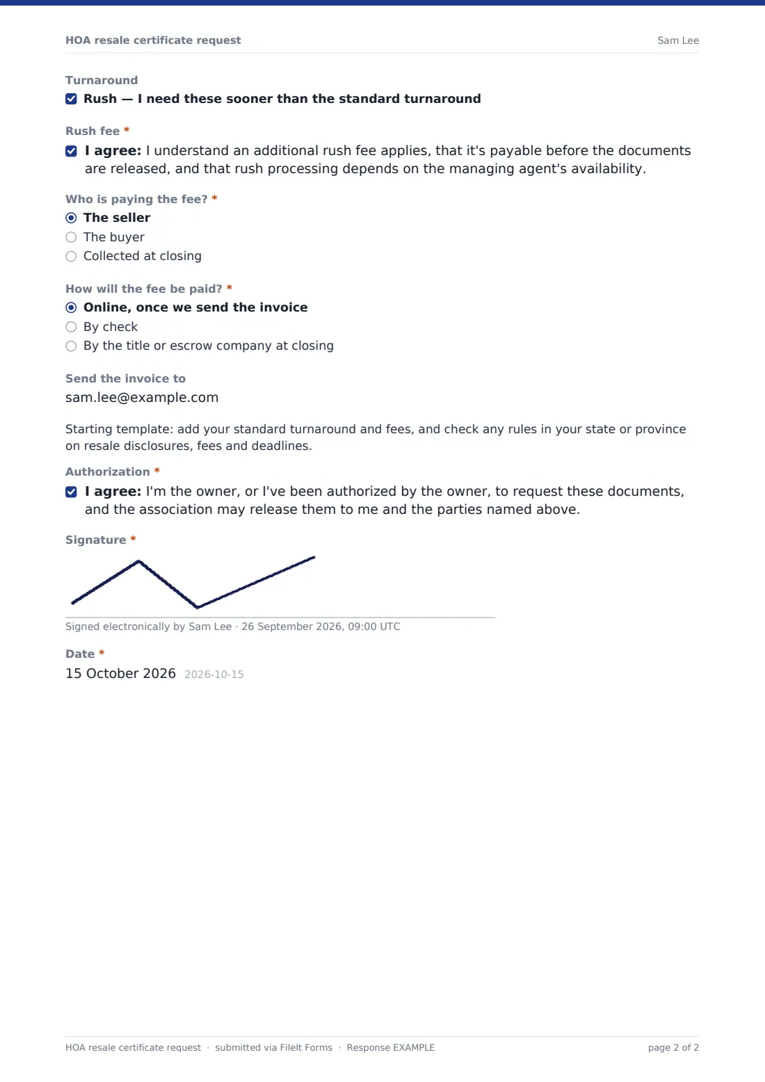 HOA resale certificate request — example response PDF, page 2 of 2