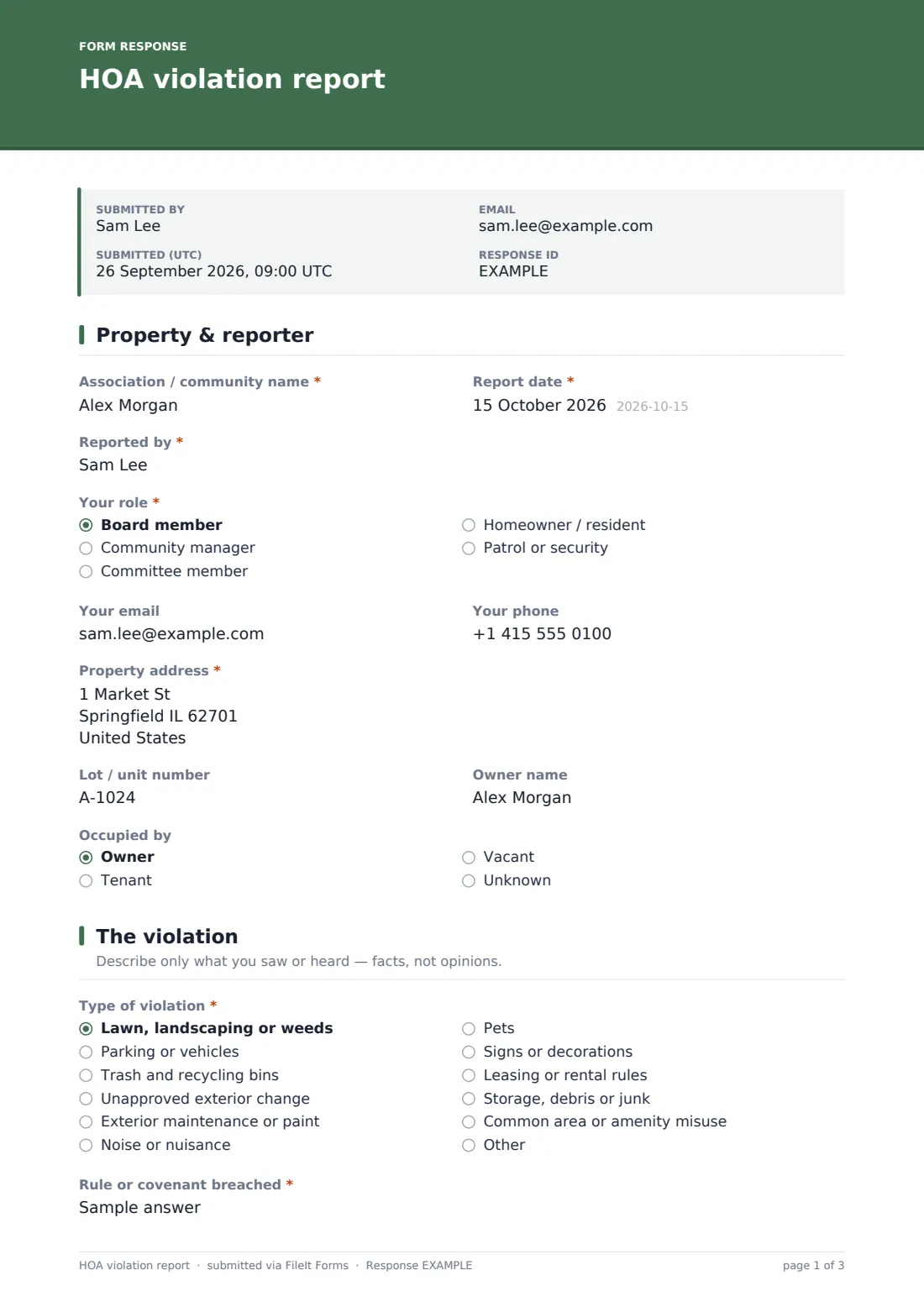 HOA violation report — example response PDF, page 1 of 3