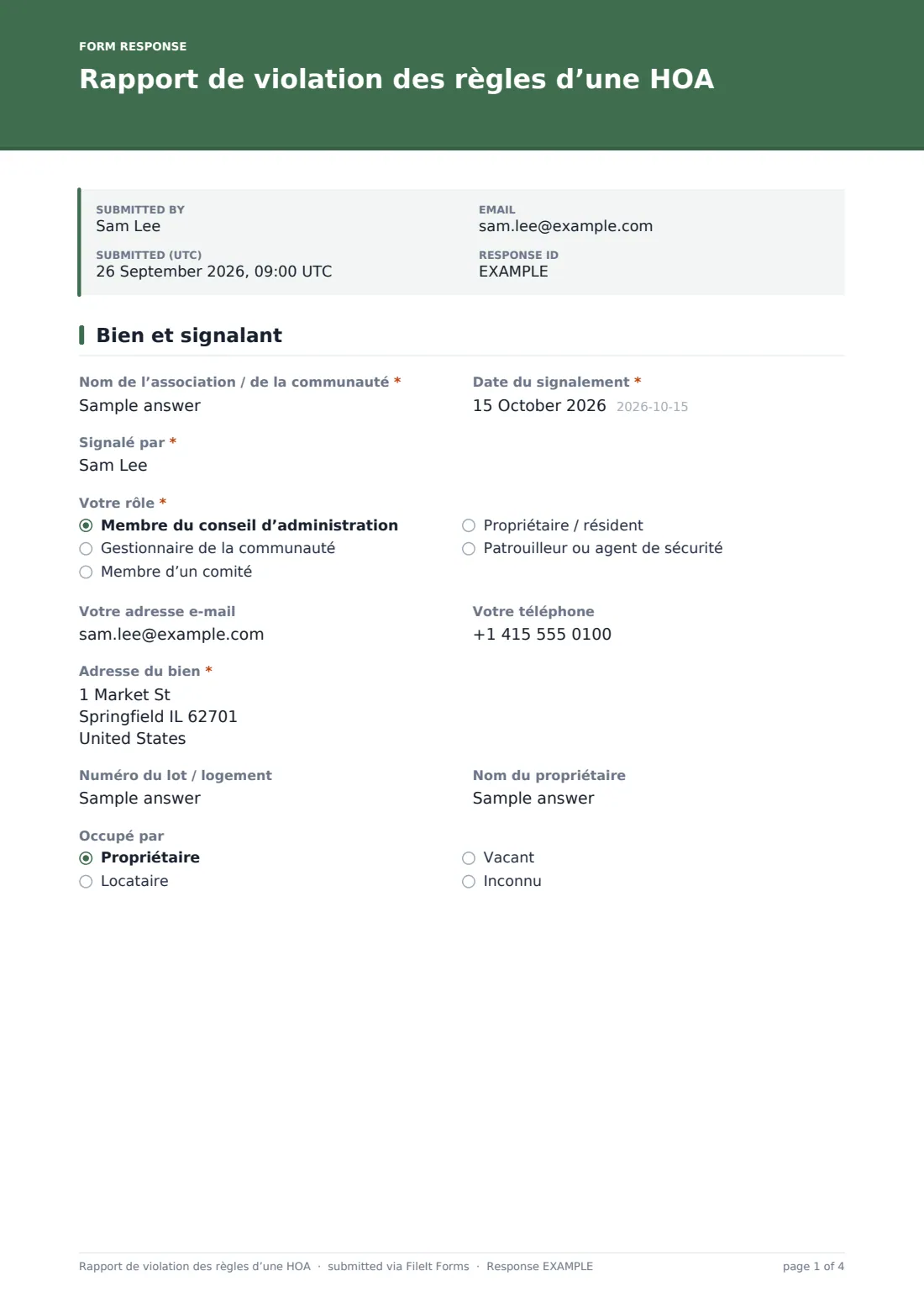Rapport de violation des règles d’une HOA — exemple de réponse au format PDF, page 1 sur 4