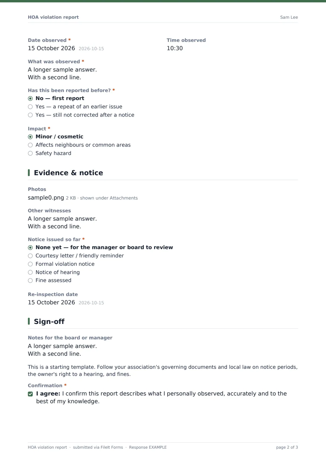 HOA violation report — example response PDF, page 2 of 3