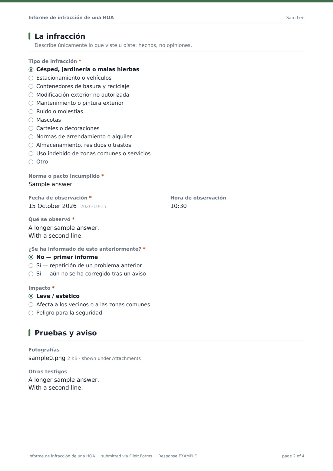 Informe de infracción de una HOA — PDF de respuesta de ejemplo, página 2 de 4