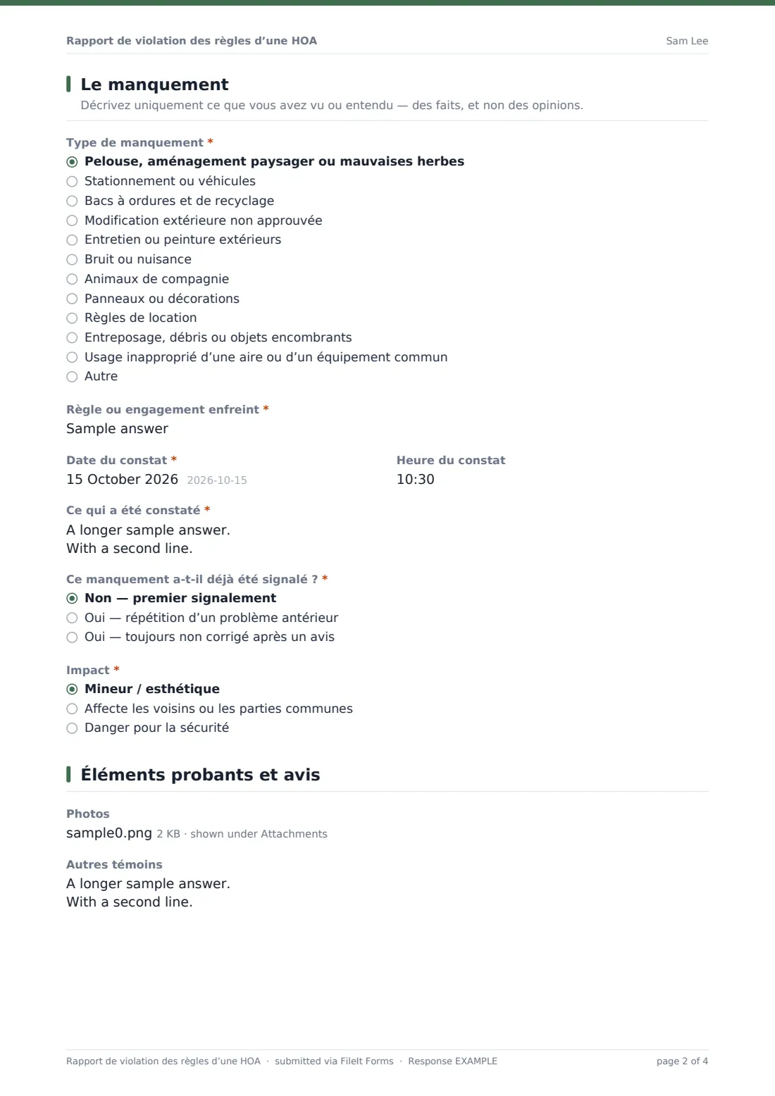 Rapport de violation des règles d’une HOA — exemple de réponse au format PDF, page 2 sur 4