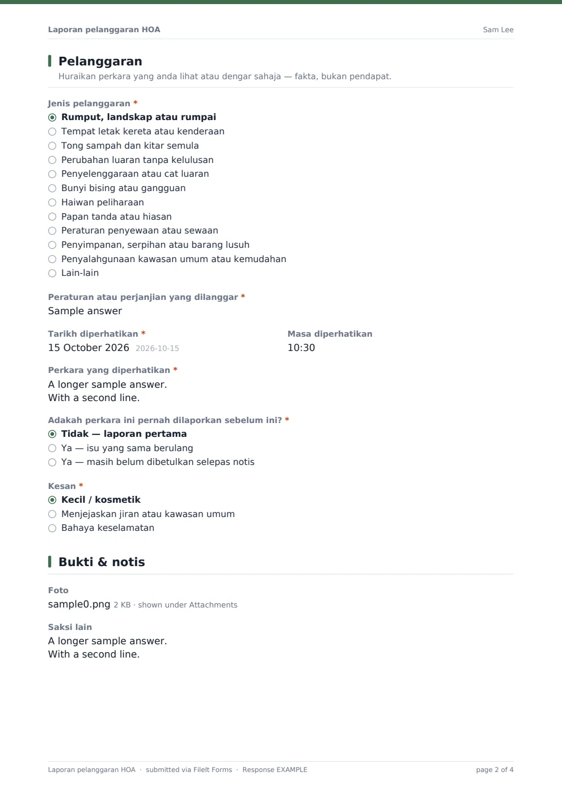 Laporan pelanggaran HOA — PDF respons contoh, halaman 2 daripada 4