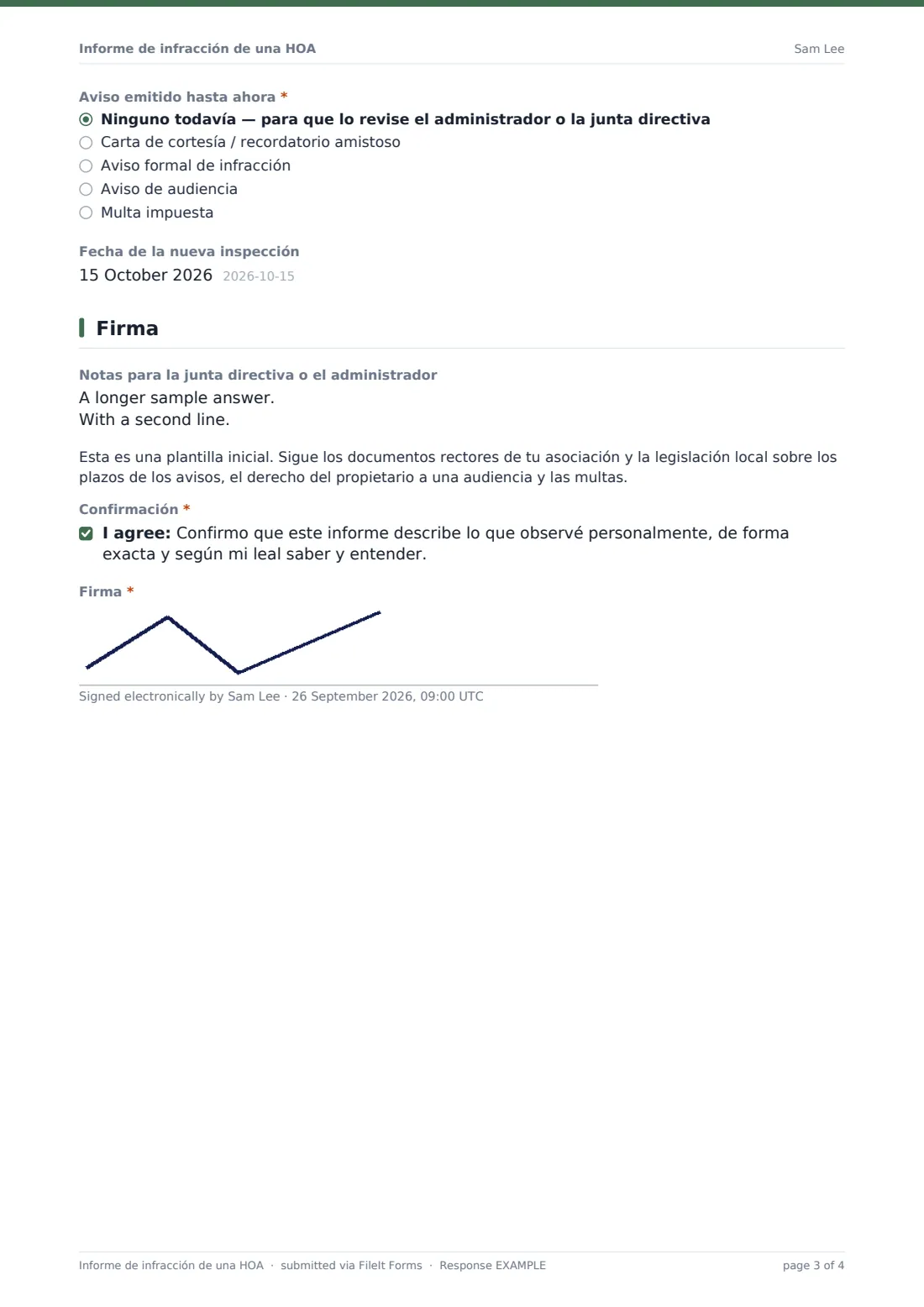 Informe de infracción de una HOA — PDF de respuesta de ejemplo, página 3 de 4