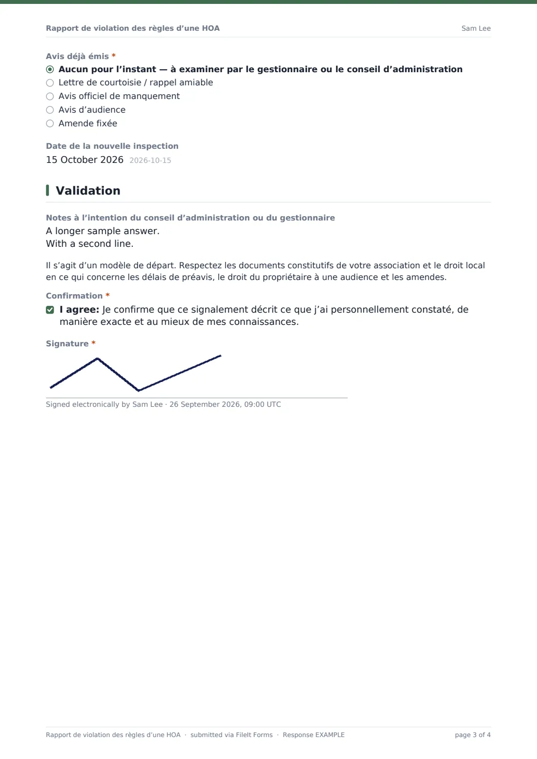 Rapport de violation des règles d’une HOA — exemple de réponse au format PDF, page 3 sur 4