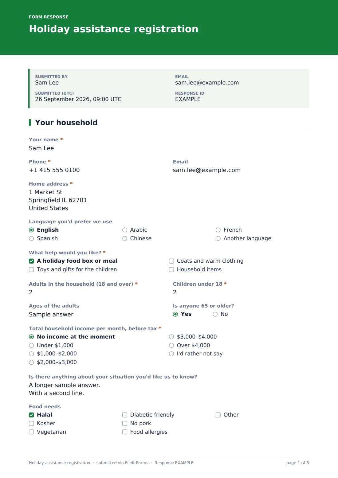 Holiday assistance registration — example response PDF, page 1 of 3