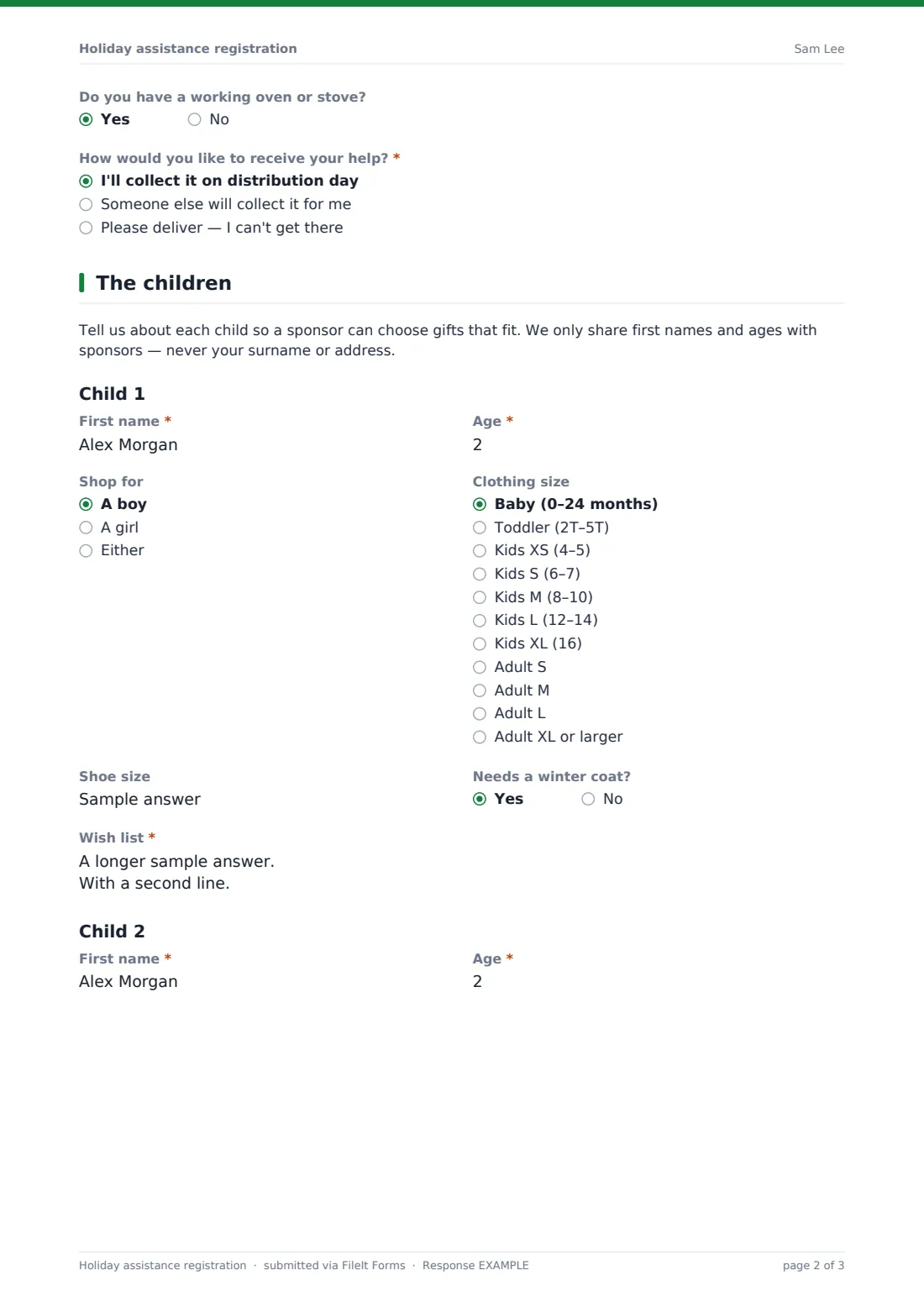 Holiday assistance registration — example response PDF, page 2 of 3