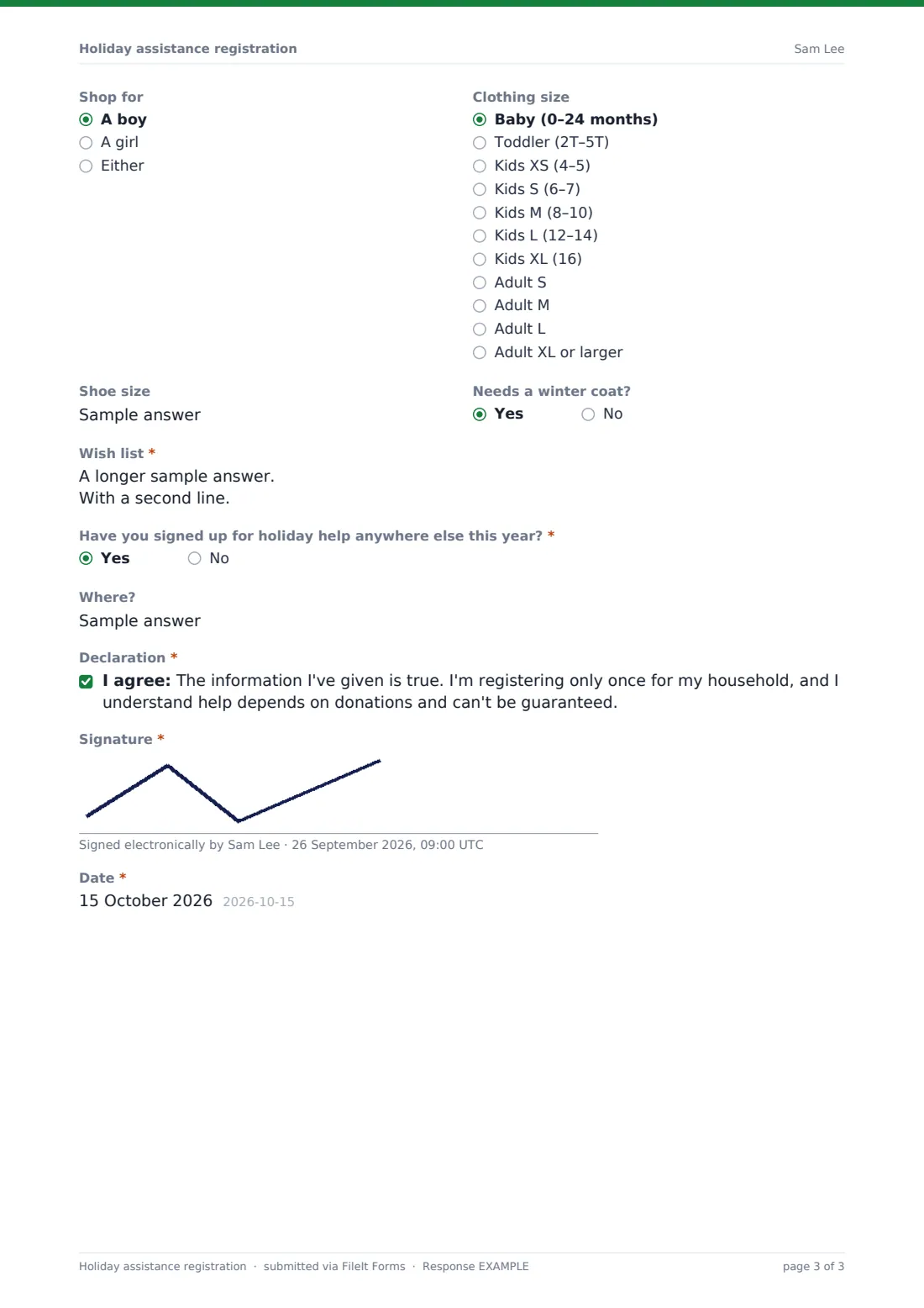 Holiday assistance registration — example response PDF, page 3 of 3