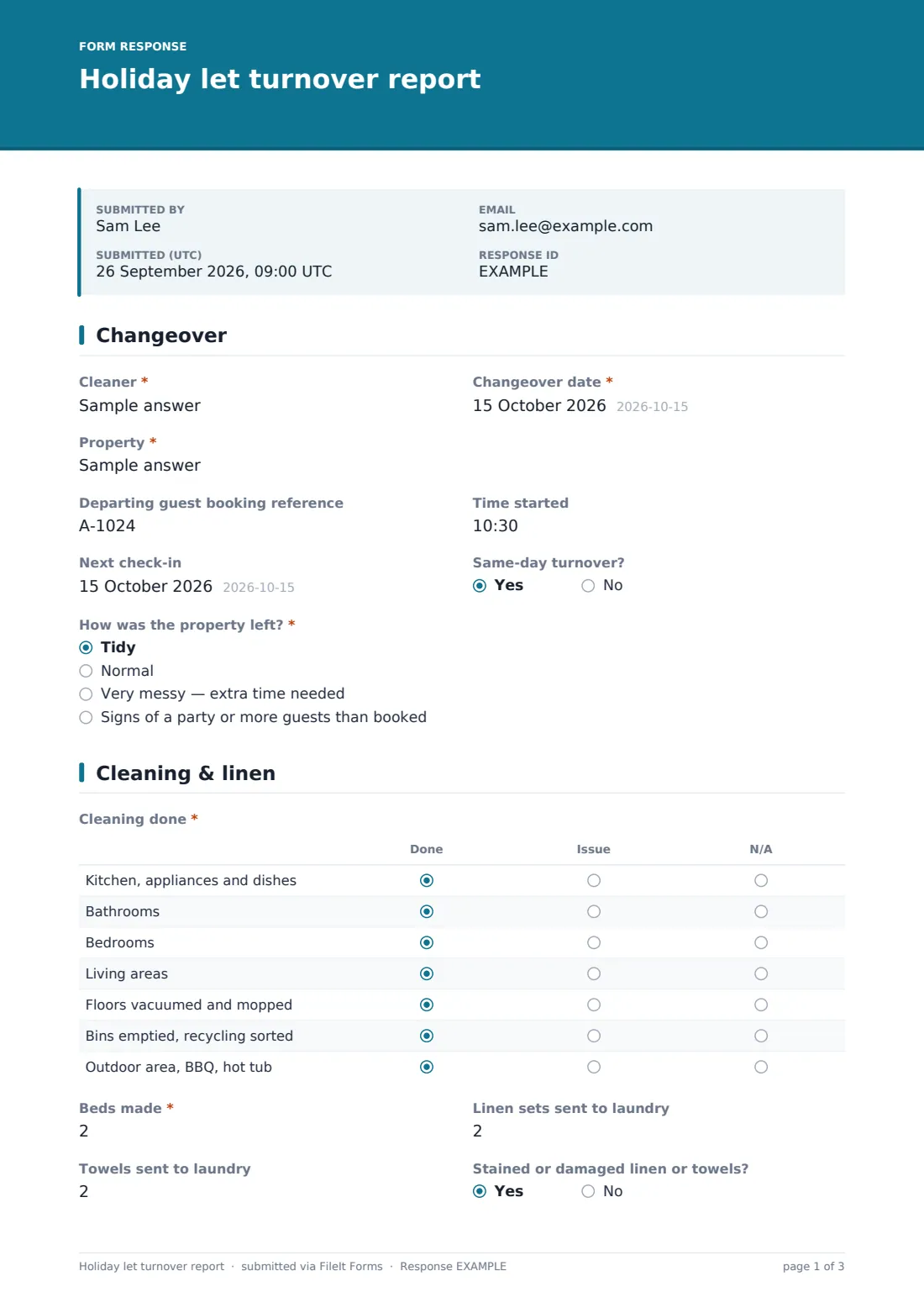 Holiday let turnover report — example response PDF, page 1 of 3