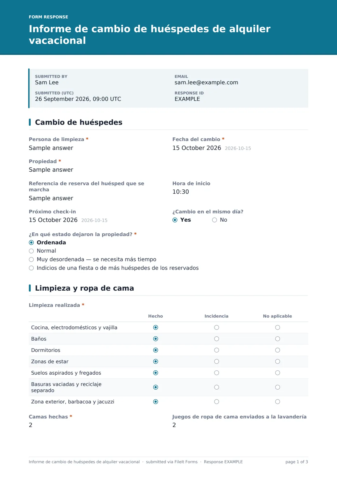 Informe de cambio de huéspedes de alquiler vacacional — PDF de respuesta de ejemplo, página 1 de 3