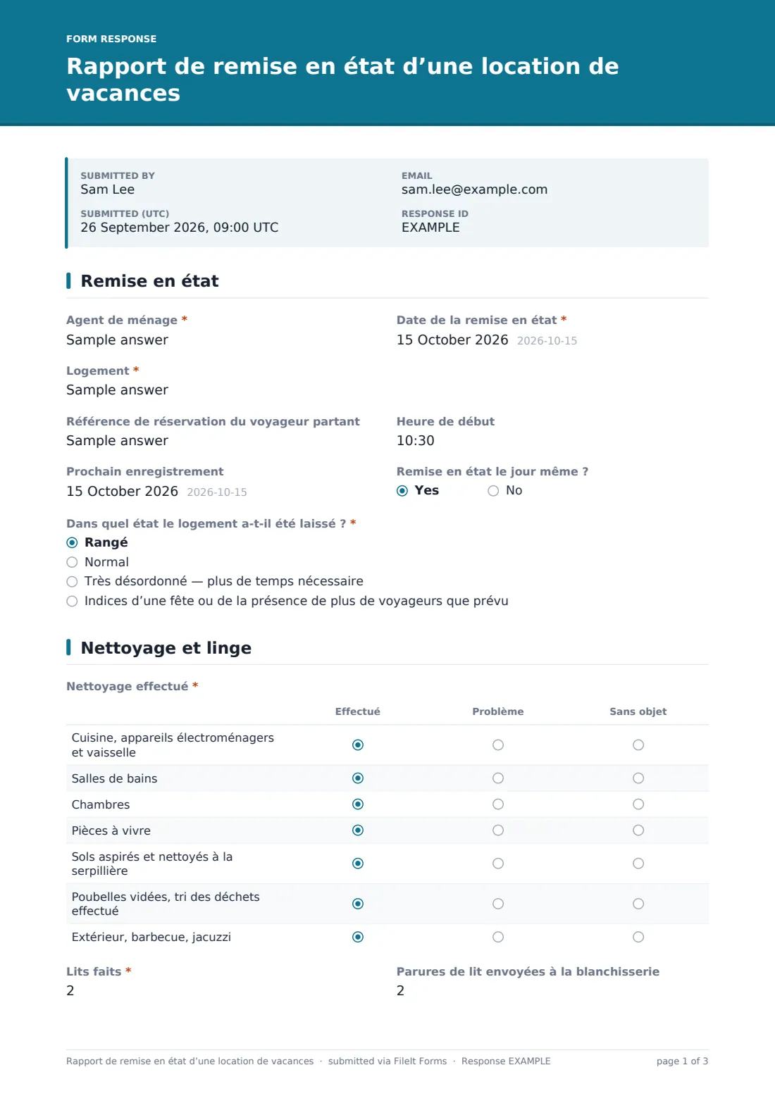 Rapport de remise en état d’une location de vacances — exemple de réponse au format PDF, page 1 sur 3