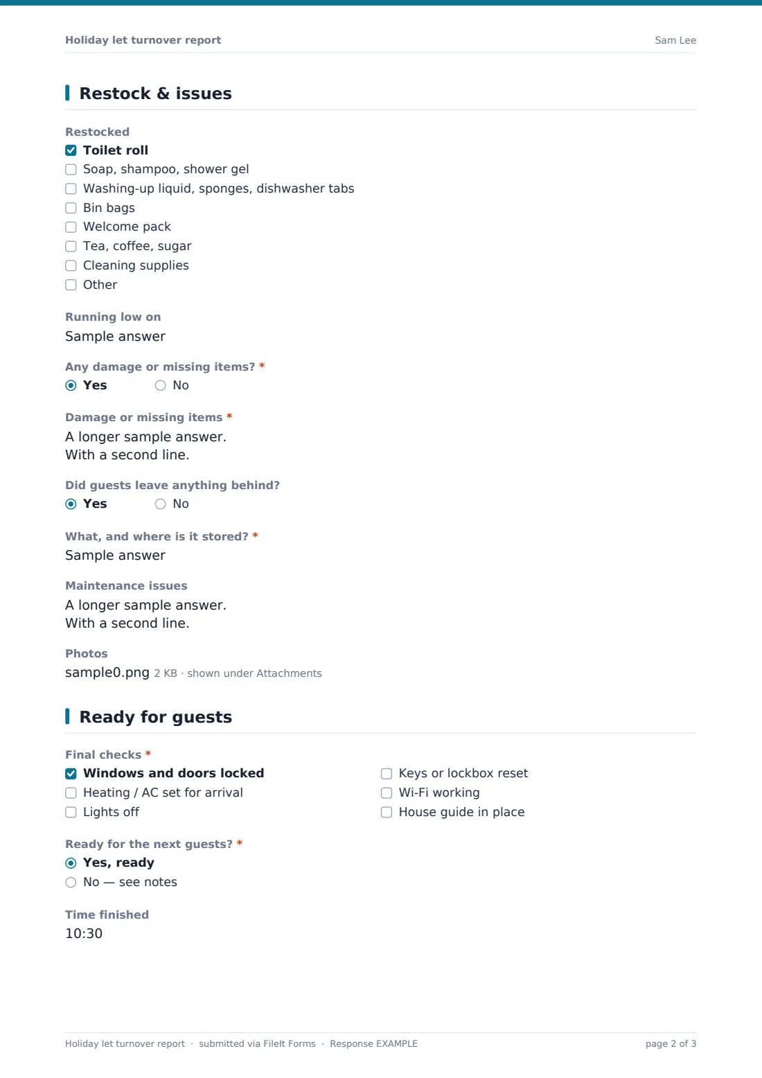 Holiday let turnover report — example response PDF, page 2 of 3