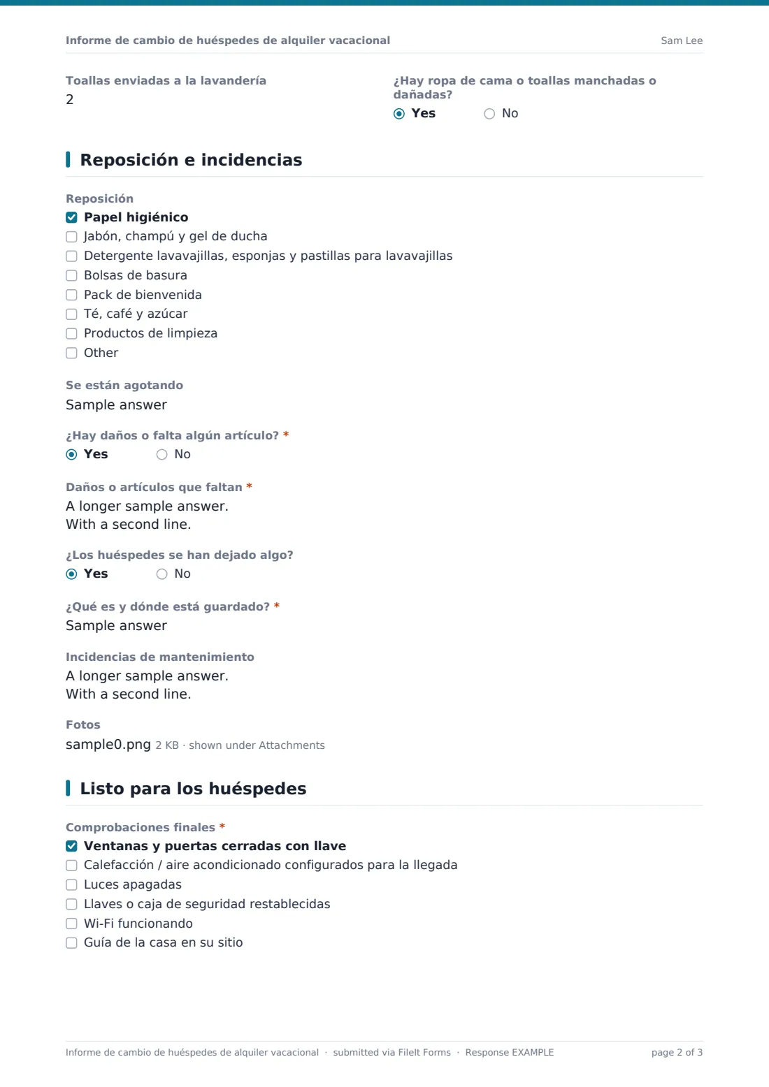 Informe de cambio de huéspedes de alquiler vacacional — PDF de respuesta de ejemplo, página 2 de 3