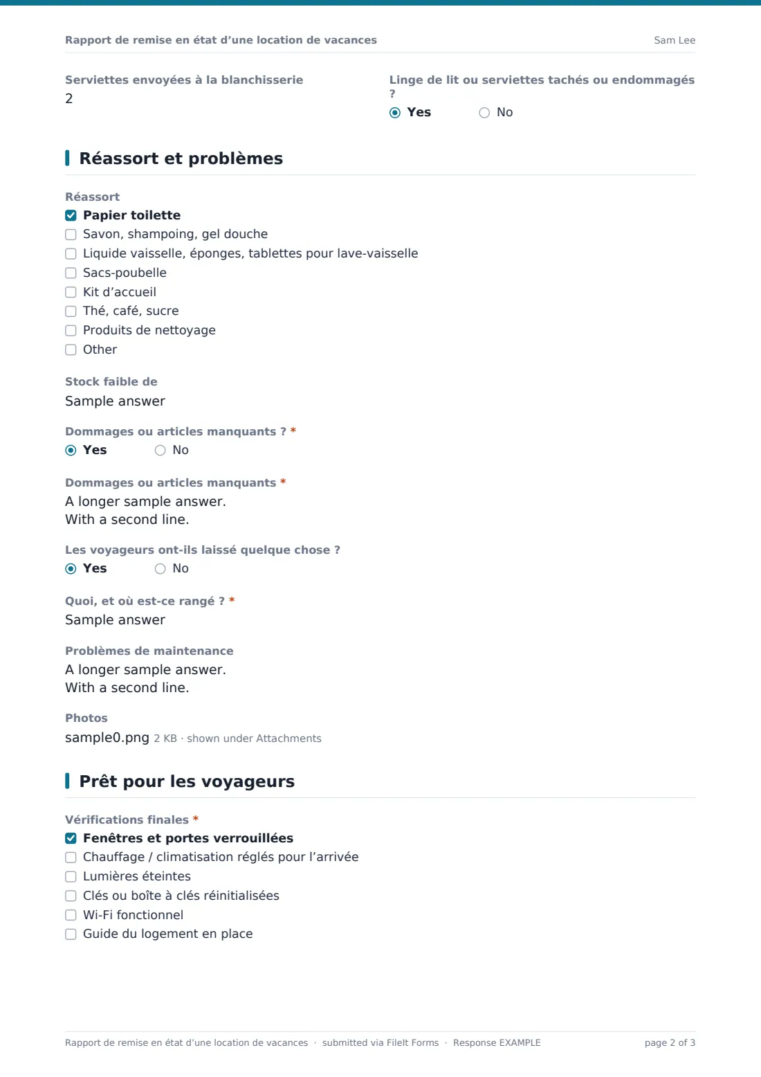 Rapport de remise en état d’une location de vacances — exemple de réponse au format PDF, page 2 sur 3