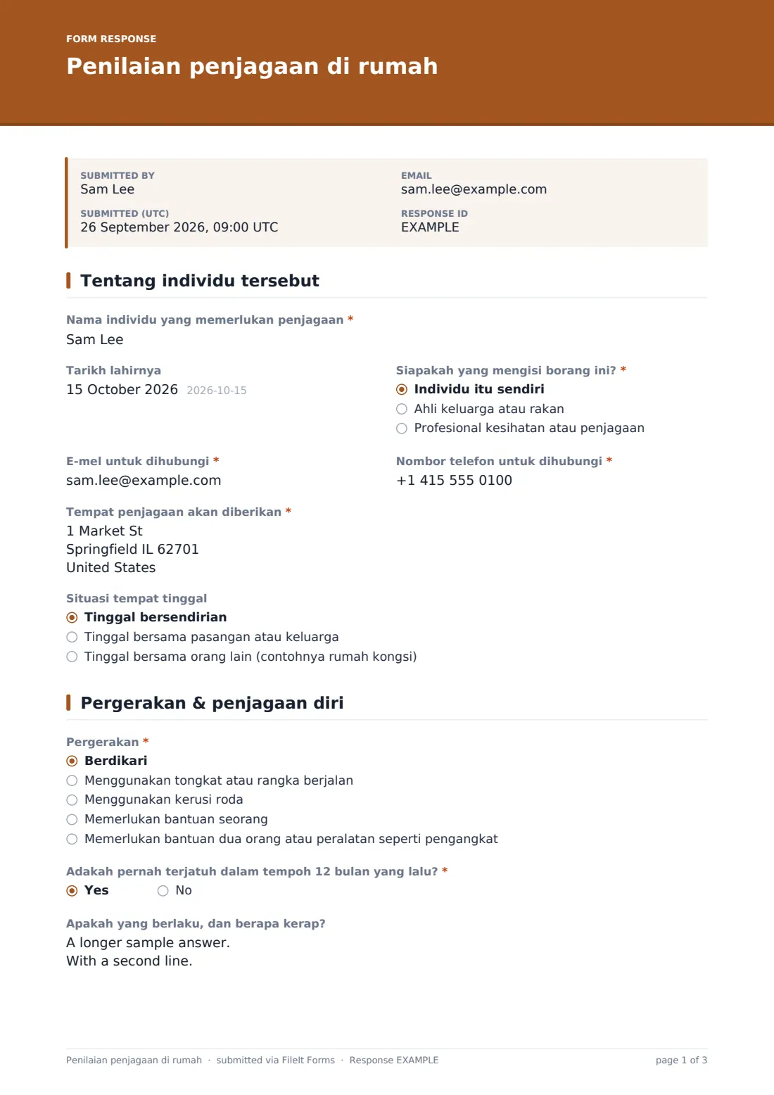 Penilaian penjagaan di rumah — PDF respons contoh, halaman 1 daripada 3