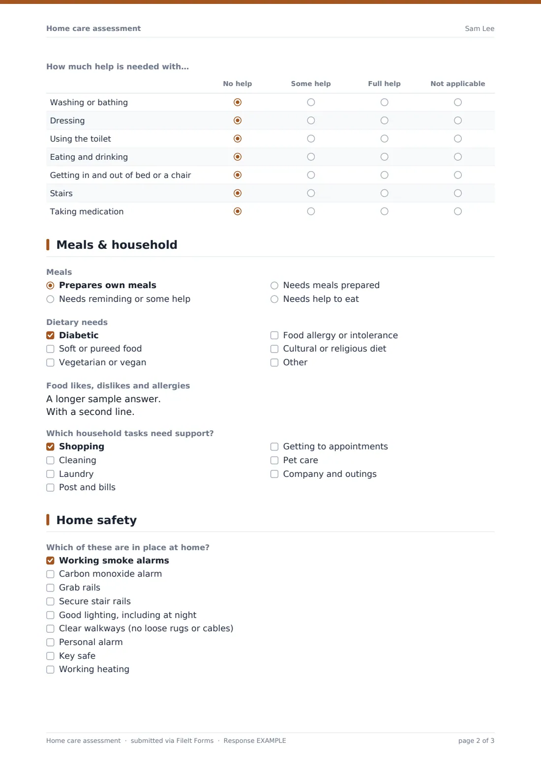 Home care assessment — example response PDF, page 2 of 3