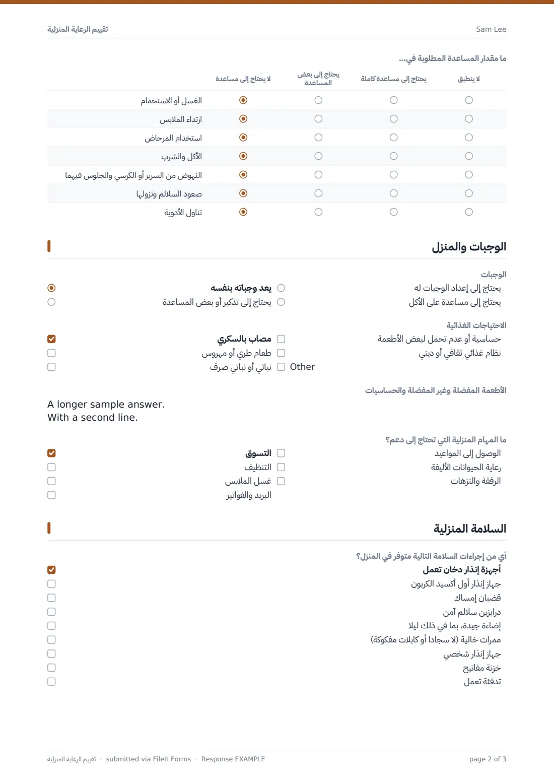 تقييم الرعاية المنزلية — ملف PDF لرد نموذجي، الصفحة 2 من 3
