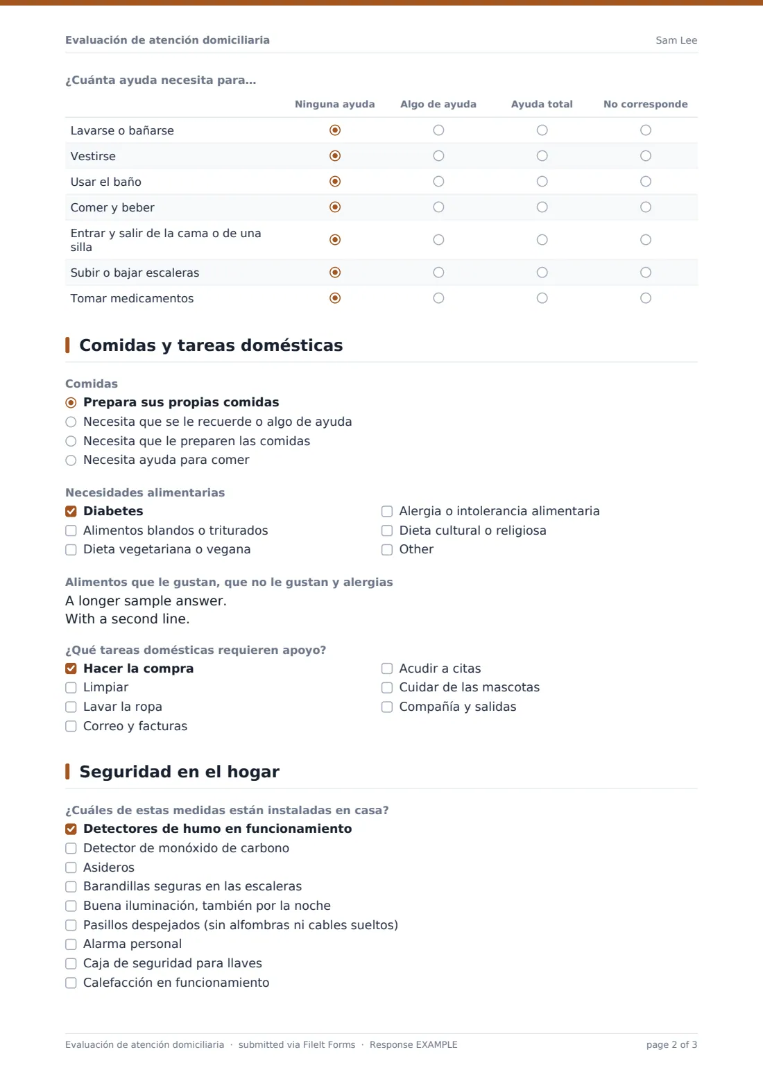 Evaluación de atención domiciliaria — PDF de respuesta de ejemplo, página 2 de 3
