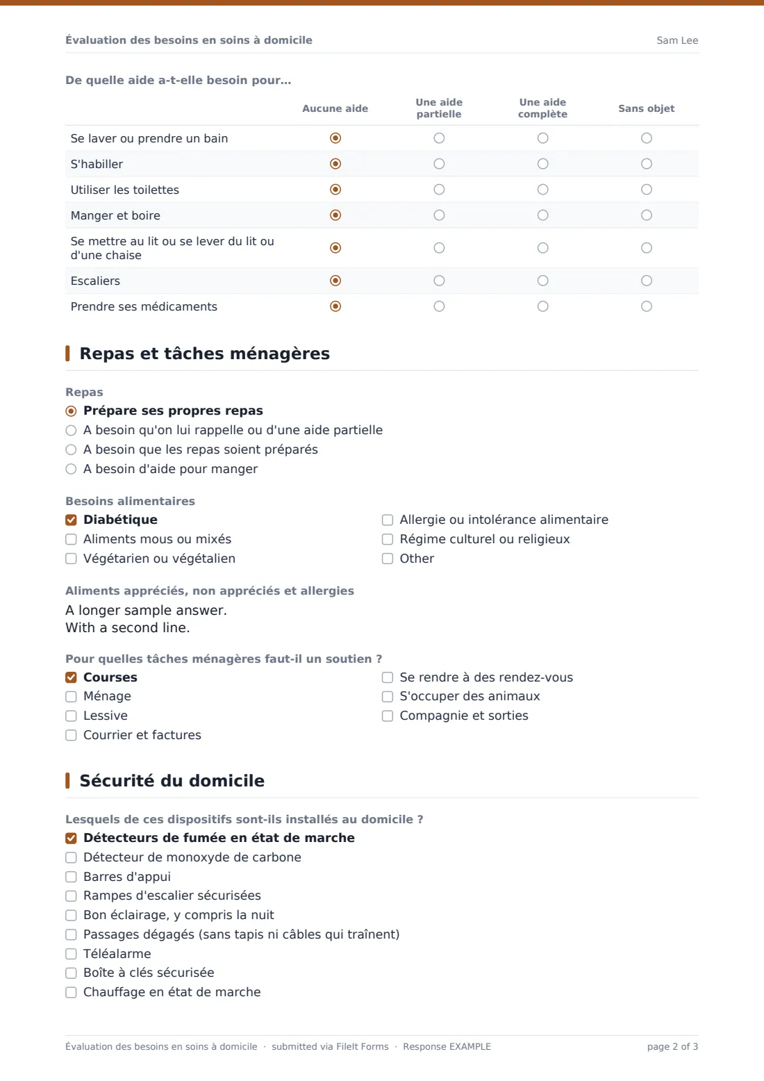 Évaluation des besoins en soins à domicile — exemple de réponse au format PDF, page 2 sur 3