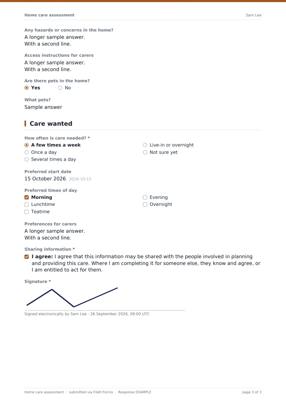 Home care assessment — example response PDF, page 3 of 3