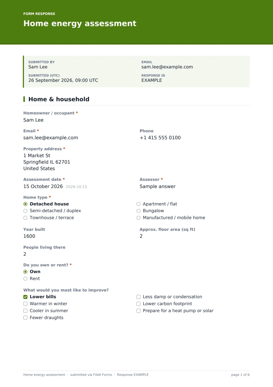 Home energy assessment — example response PDF, page 1 of 6