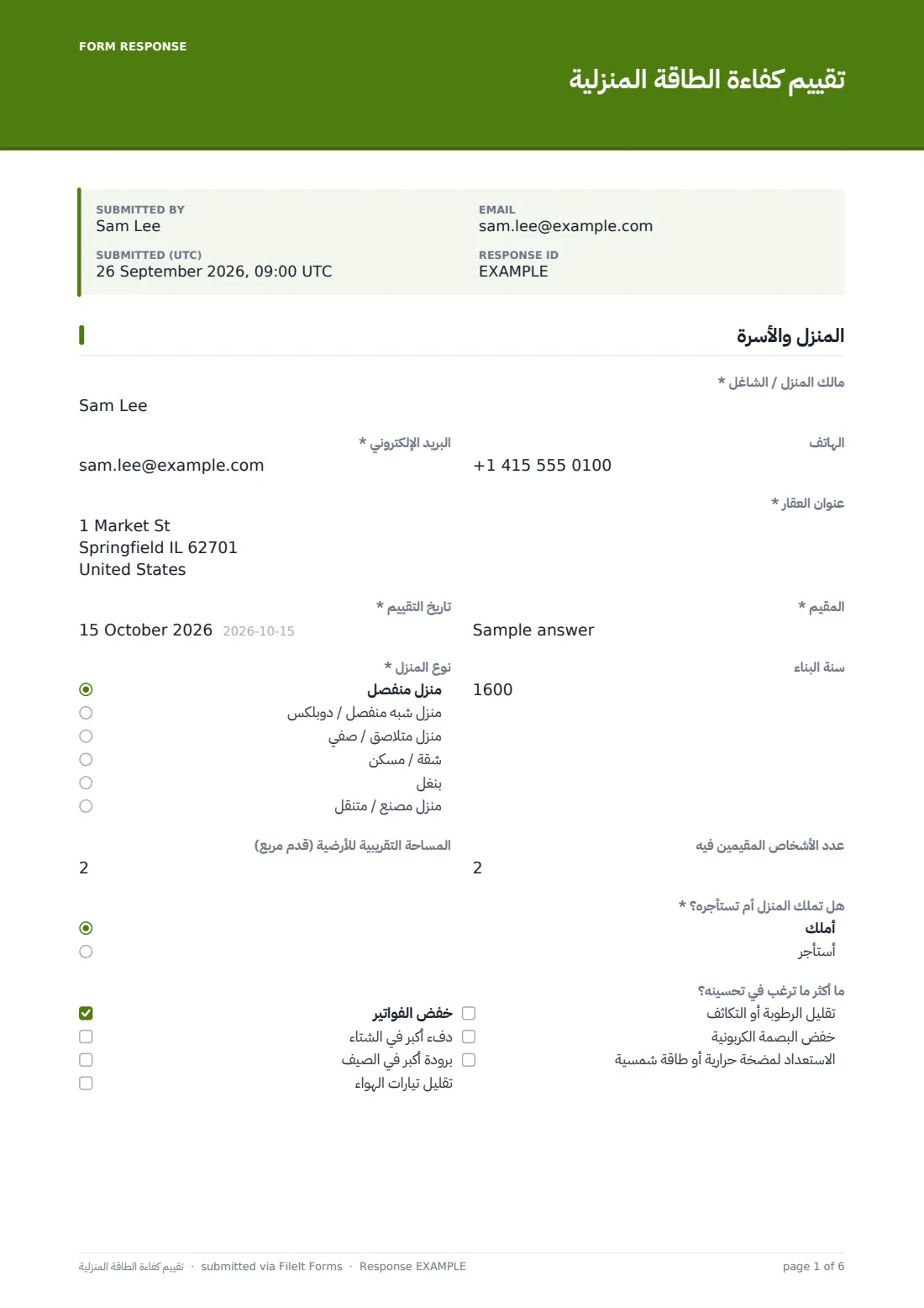 تقييم كفاءة الطاقة المنزلية — ملف PDF لرد نموذجي، الصفحة 1 من 6