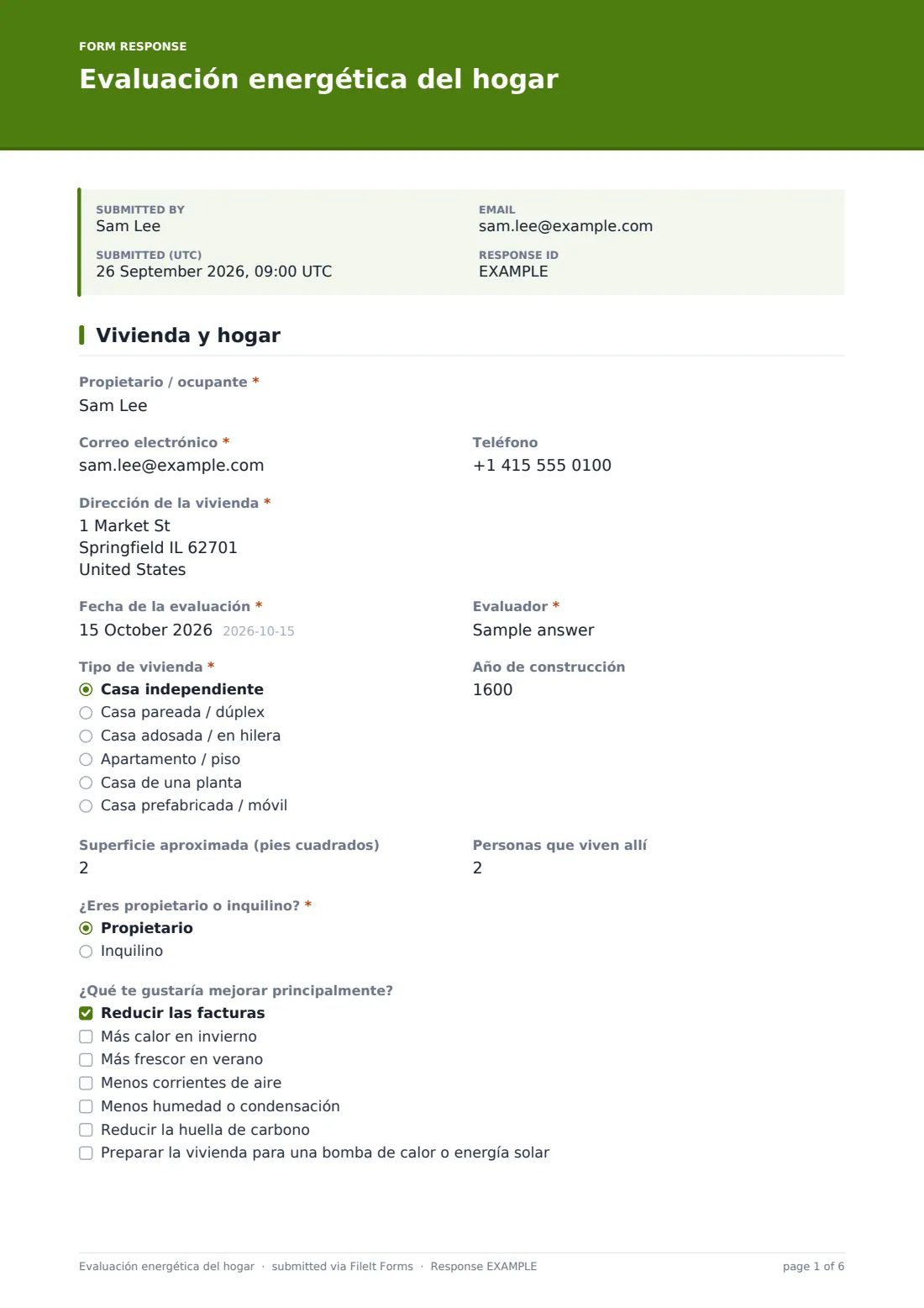 Evaluación energética del hogar — PDF de respuesta de ejemplo, página 1 de 6