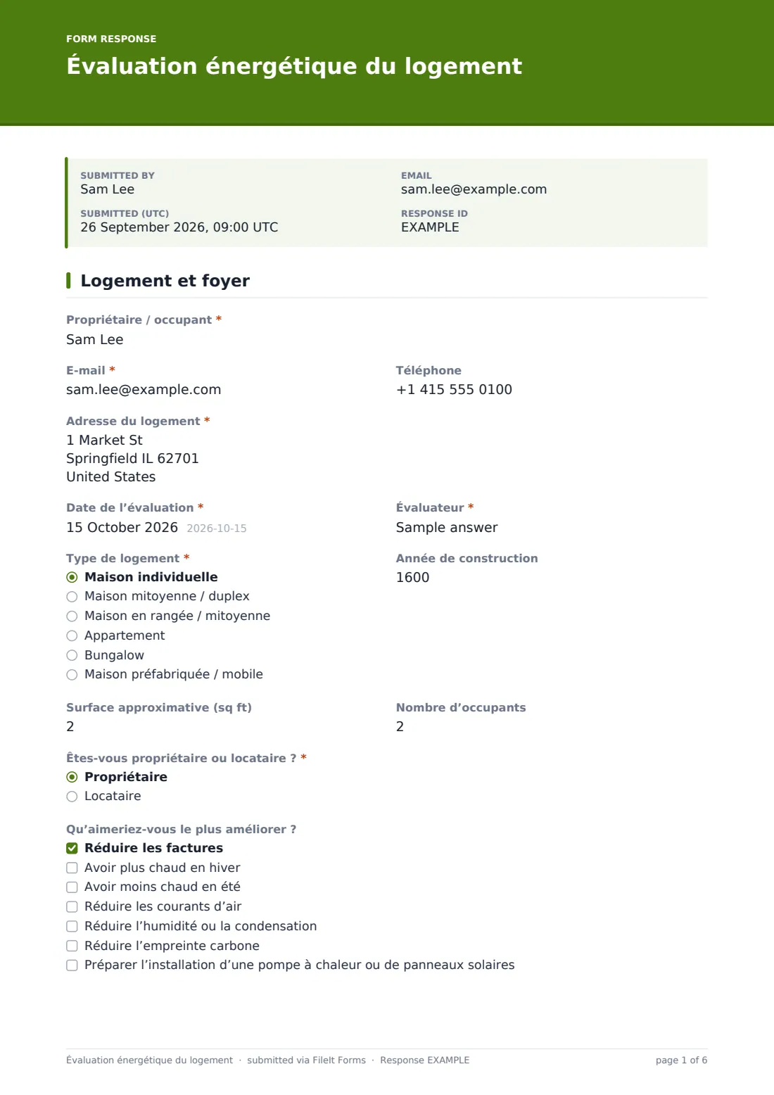 Évaluation énergétique du logement — exemple de réponse au format PDF, page 1 sur 6