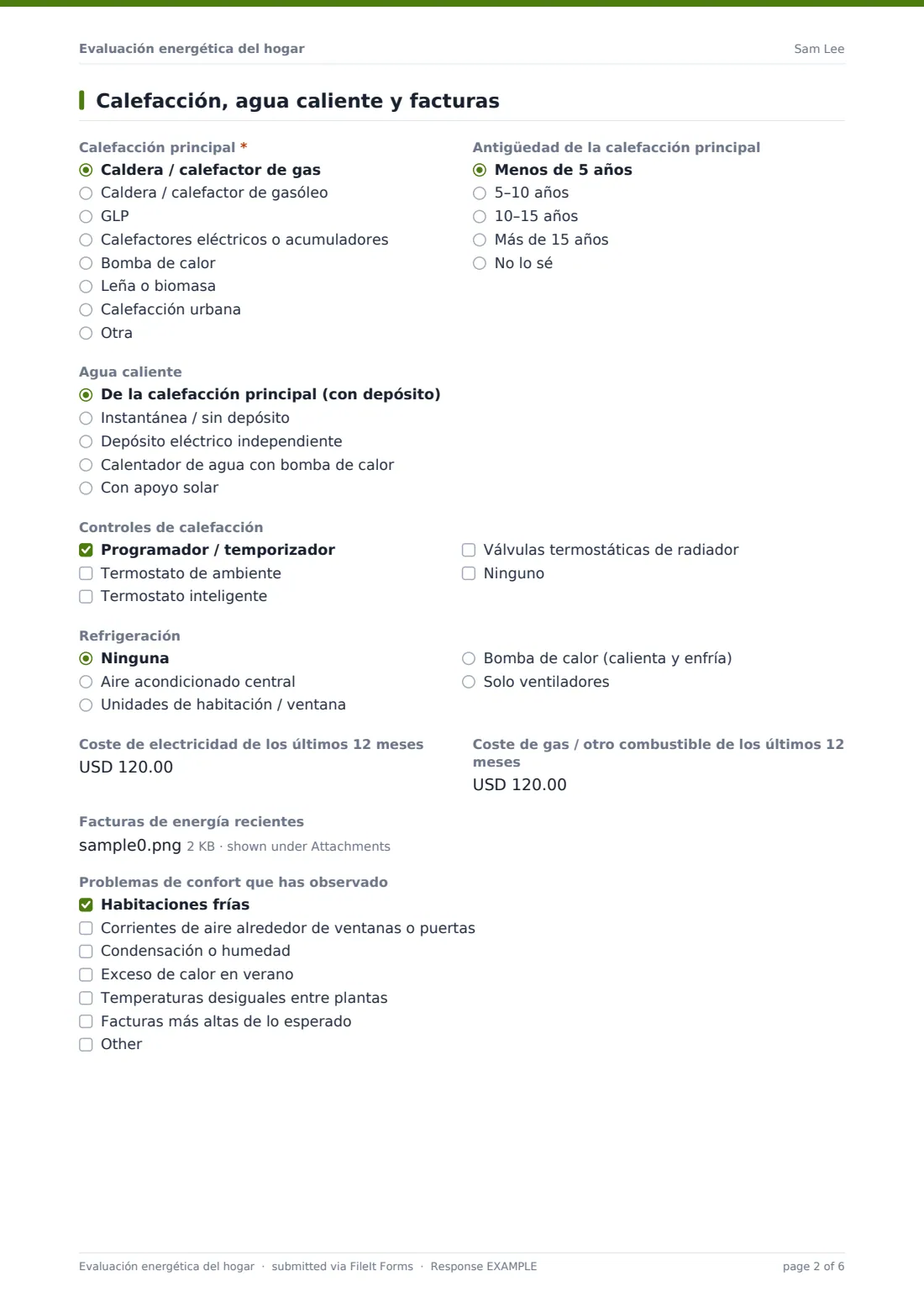Evaluación energética del hogar — PDF de respuesta de ejemplo, página 2 de 6