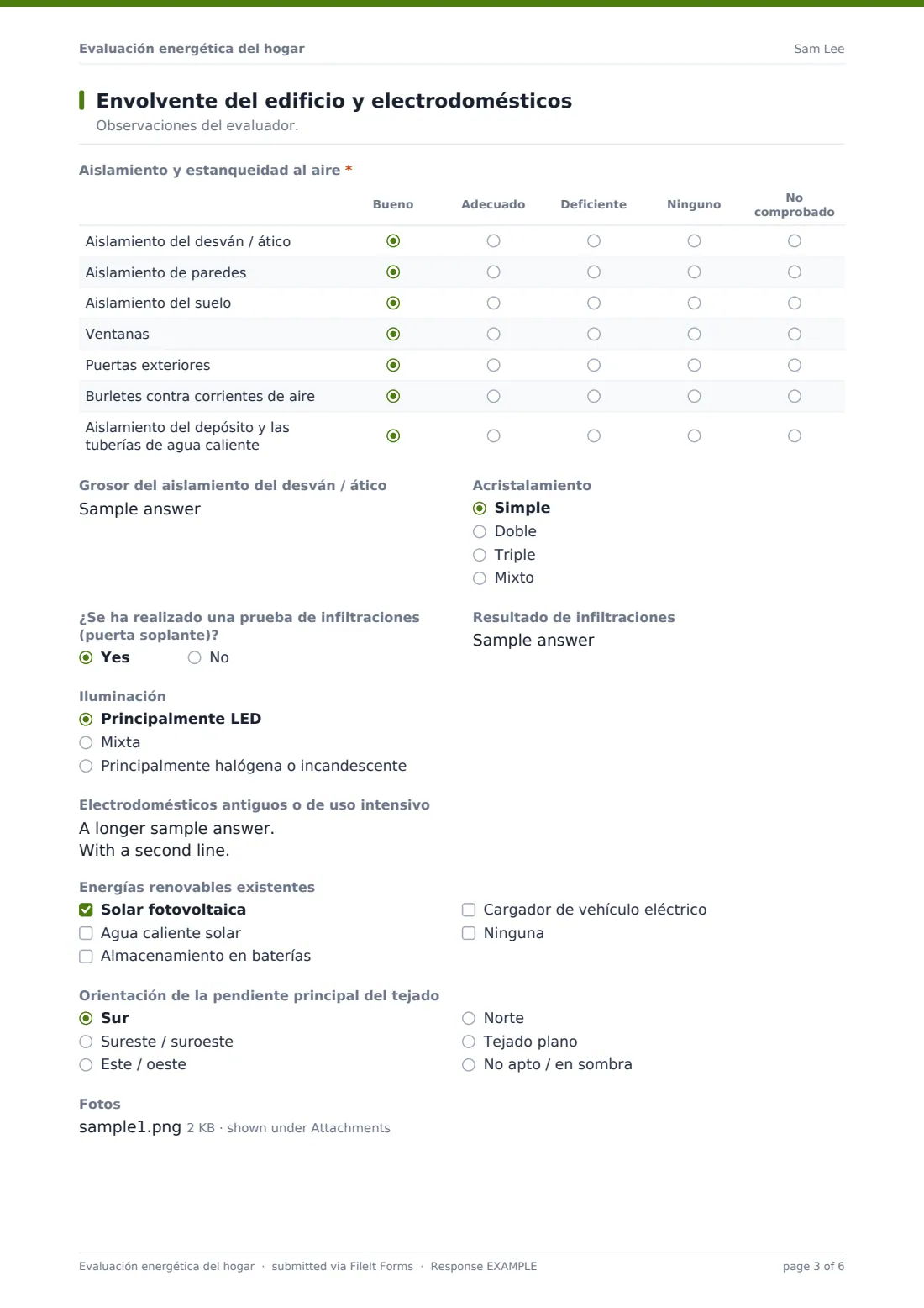 Evaluación energética del hogar — PDF de respuesta de ejemplo, página 3 de 6