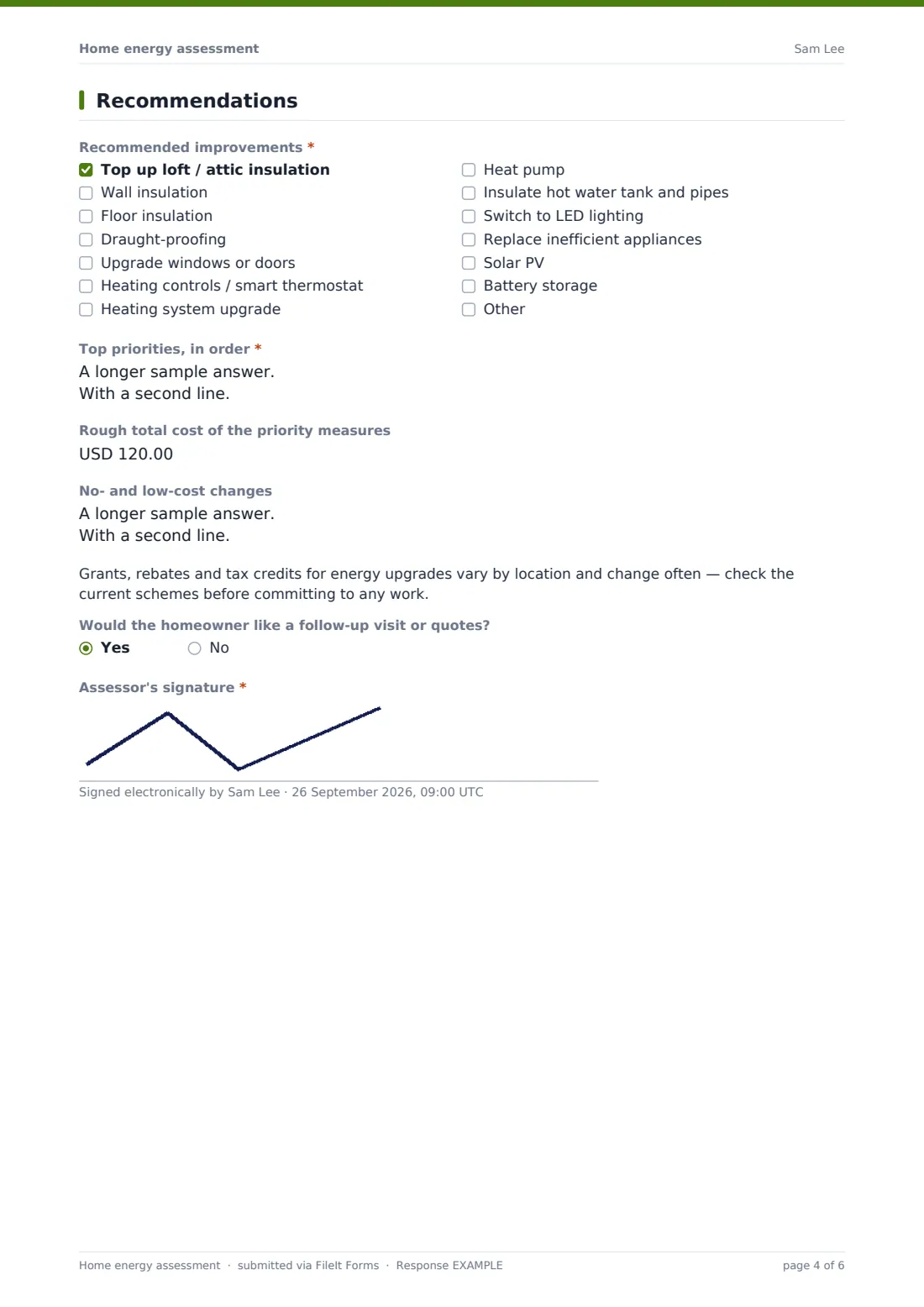 Home energy assessment — example response PDF, page 4 of 6