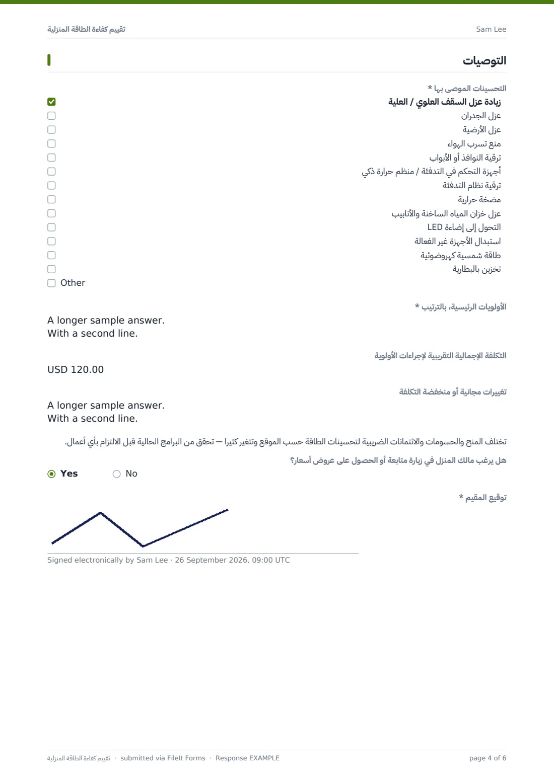 تقييم كفاءة الطاقة المنزلية — ملف PDF لرد نموذجي، الصفحة 4 من 6