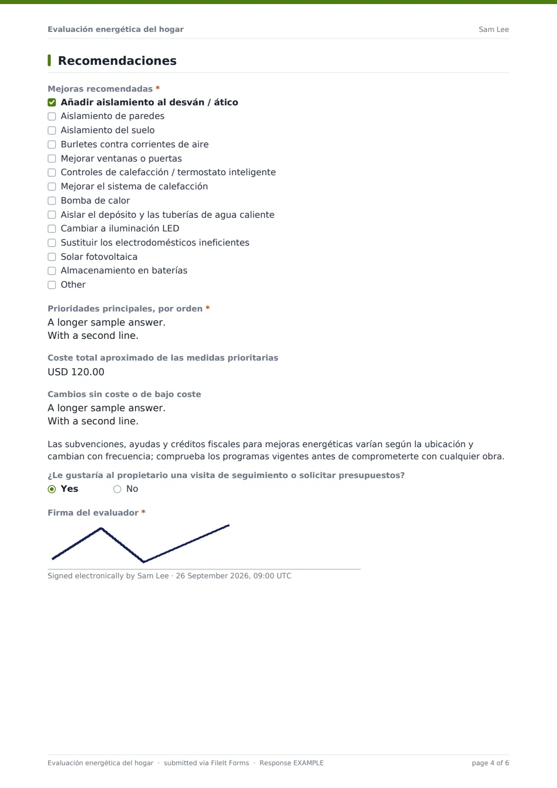 Evaluación energética del hogar — PDF de respuesta de ejemplo, página 4 de 6