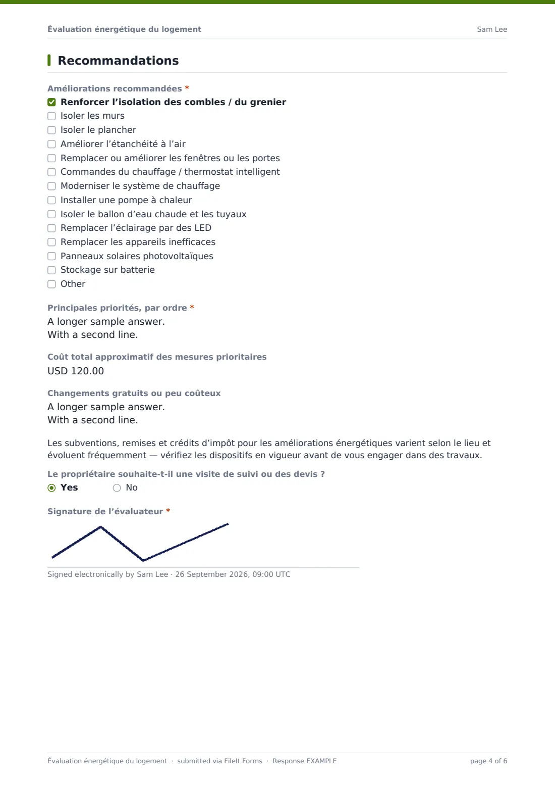 Évaluation énergétique du logement — exemple de réponse au format PDF, page 4 sur 6