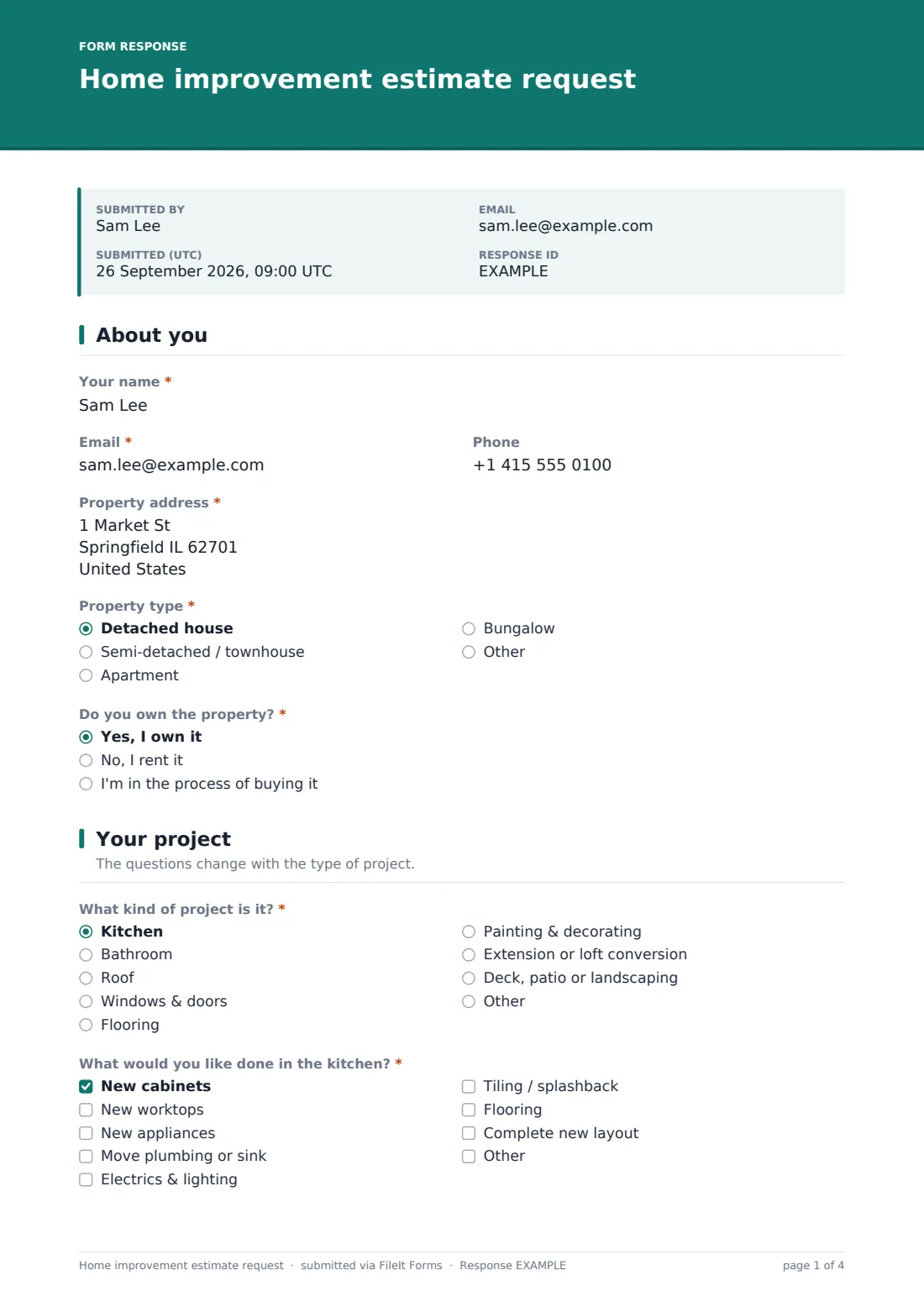 Home improvement estimate request — example response PDF, page 1 of 4