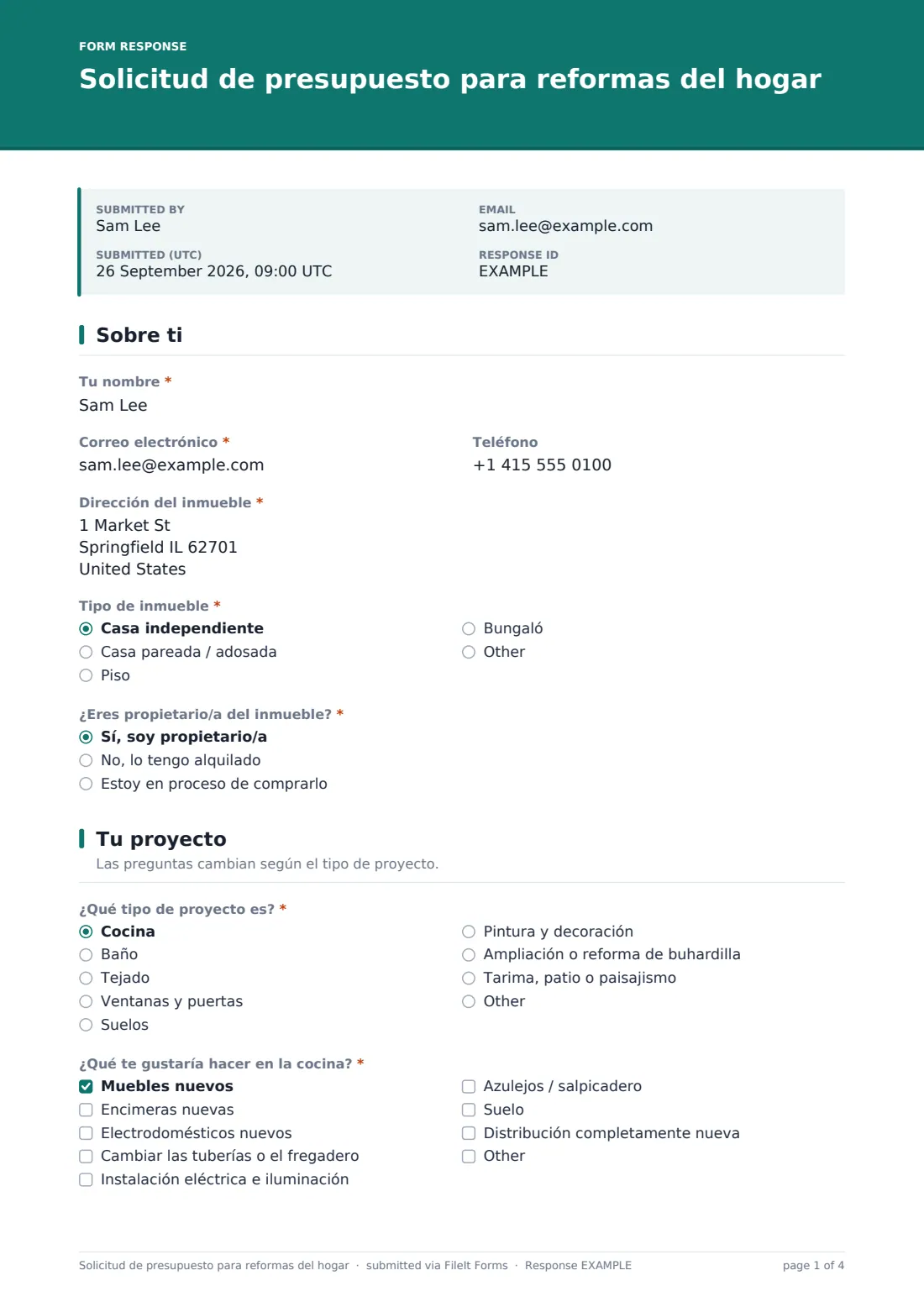 Solicitud de presupuesto para reformas del hogar — PDF de respuesta de ejemplo, página 1 de 4