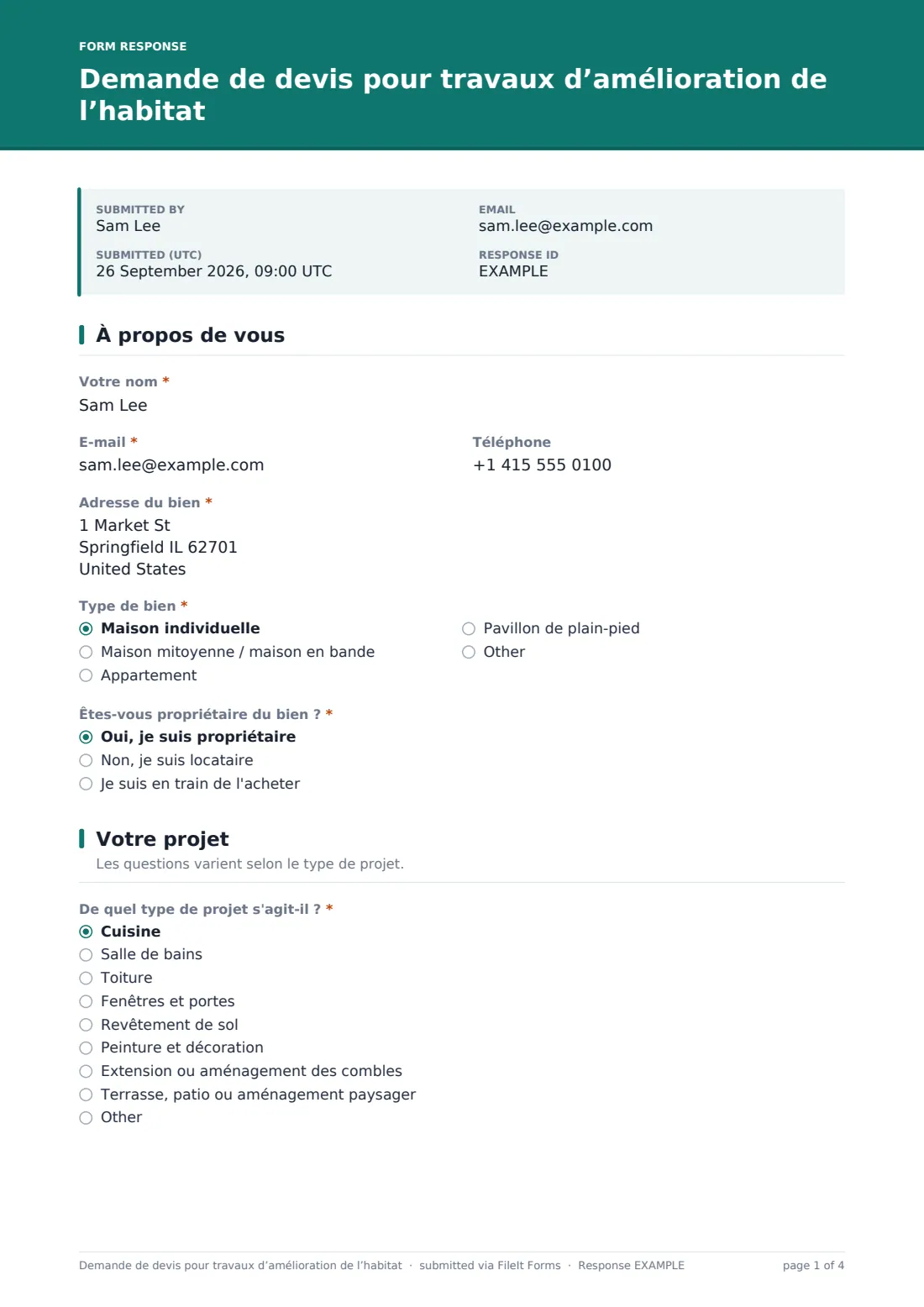 Demande de devis pour travaux d’amélioration de l’habitat — exemple de réponse au format PDF, page 1 sur 4