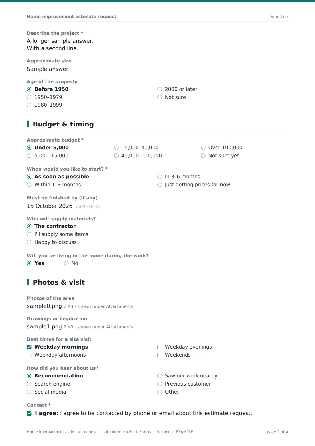 Home improvement estimate request — example response PDF, page 2 of 4
