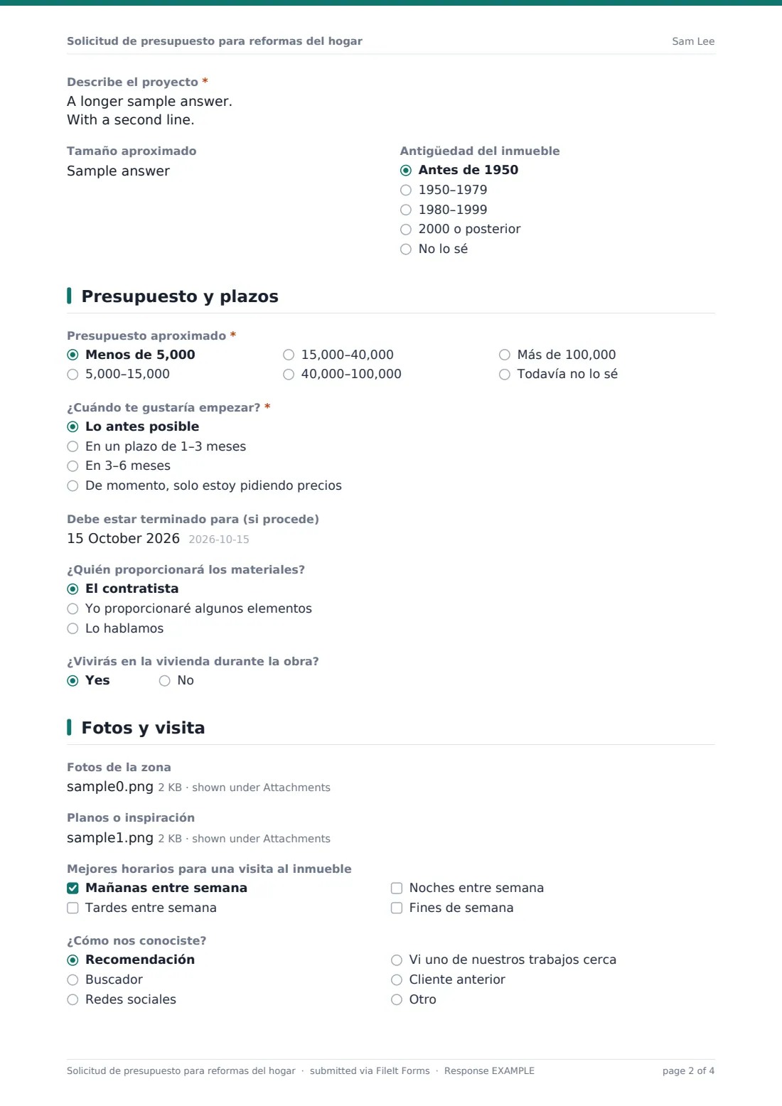 Solicitud de presupuesto para reformas del hogar — PDF de respuesta de ejemplo, página 2 de 4